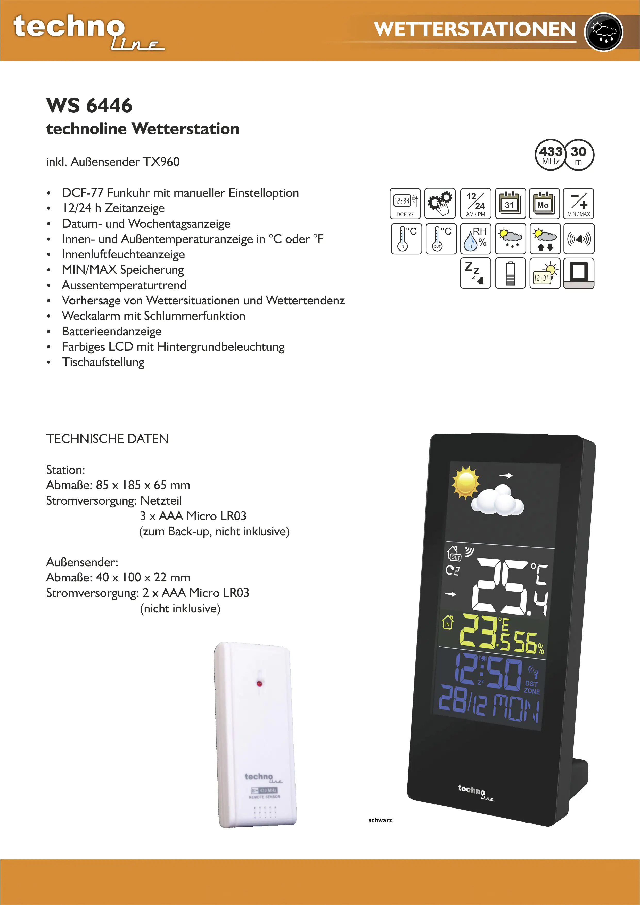 Technoline Wetterstation WS 6446 LED-Display Innen- und Außentemperatur