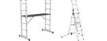 Zwei Aluminium-Leitersysteme auf weißem Hintergrund: links ein Klappgerüst mit Plattform, rechts eine klappbare Mehrzweckleiter mit breitem Standfuß und roten Verstrebungen.