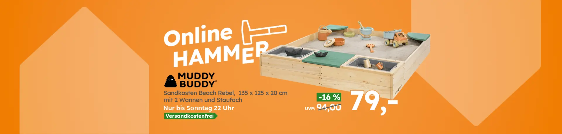 Online HAMMER: Muddy Buddy Sandkasten Beach Rebel mit 2 Wannen und Staufach, Sandspielzeug sichtbar, versandkostenfrei, 79 € statt 94 €.