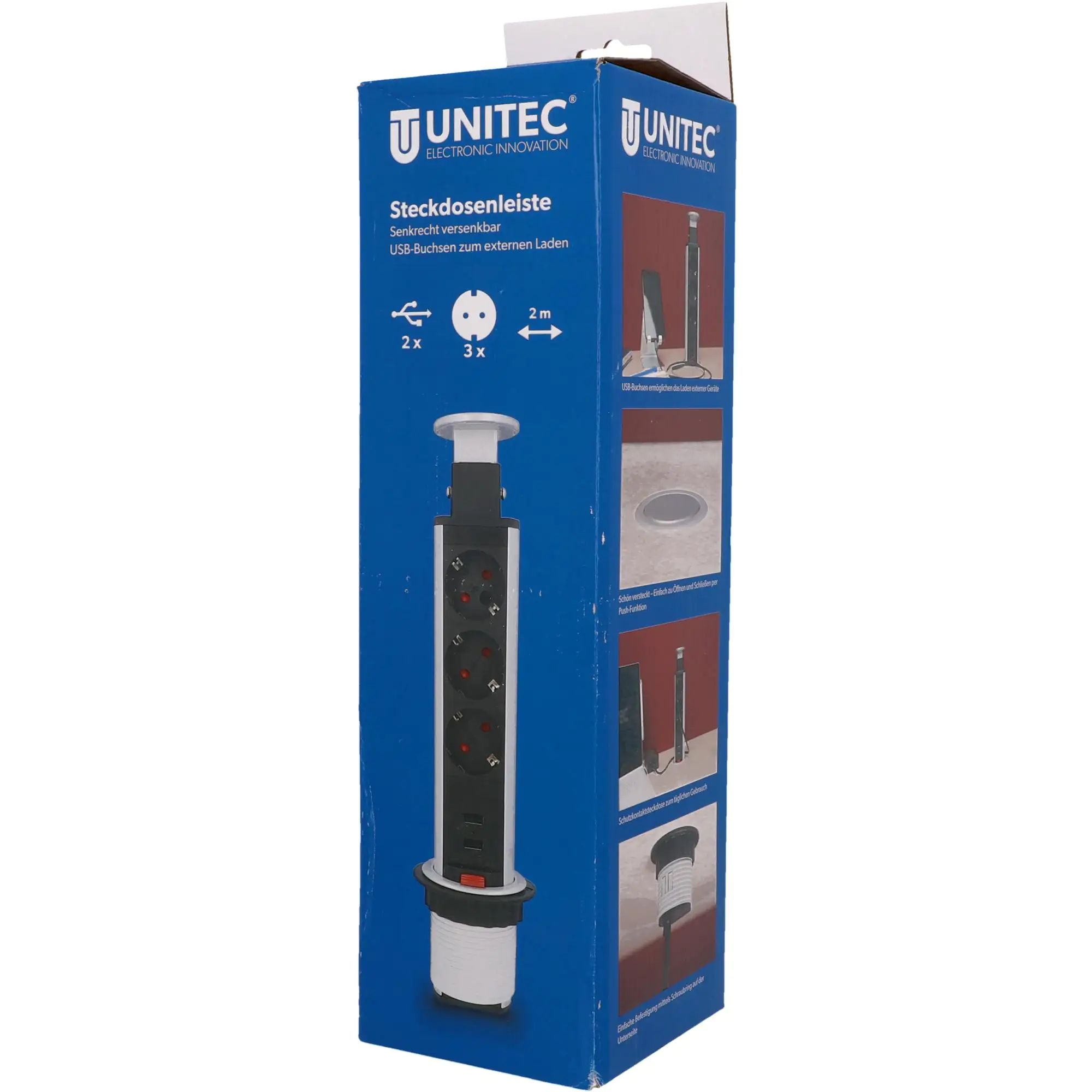 Unitec Einbausteckdosenleiste 3-fach 2m mit 2 x USB Tower, silber Unitec Einbausteckdosenleiste 3-fach 2m mit 2 x USB Tower, silber