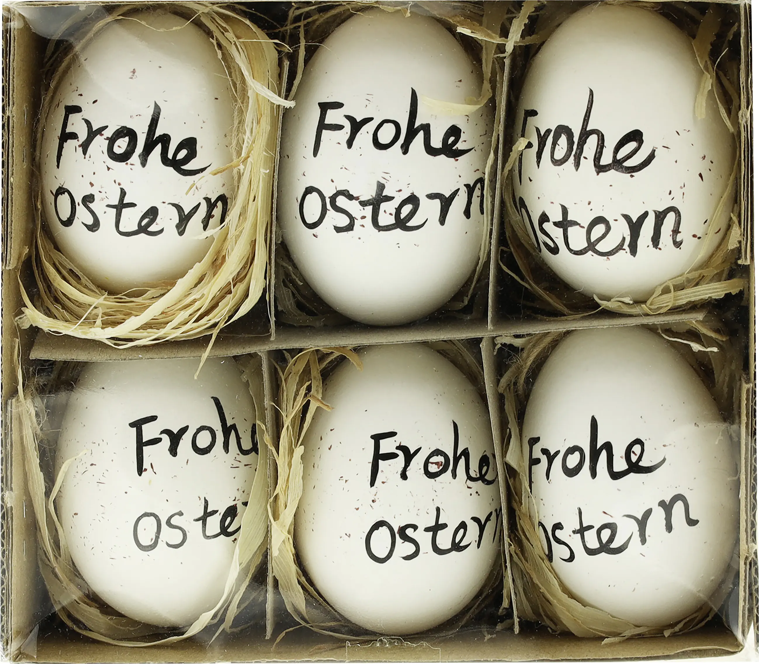 Deko-Ostereier mit Schrift 6 cm 6 Stück natur schwarz