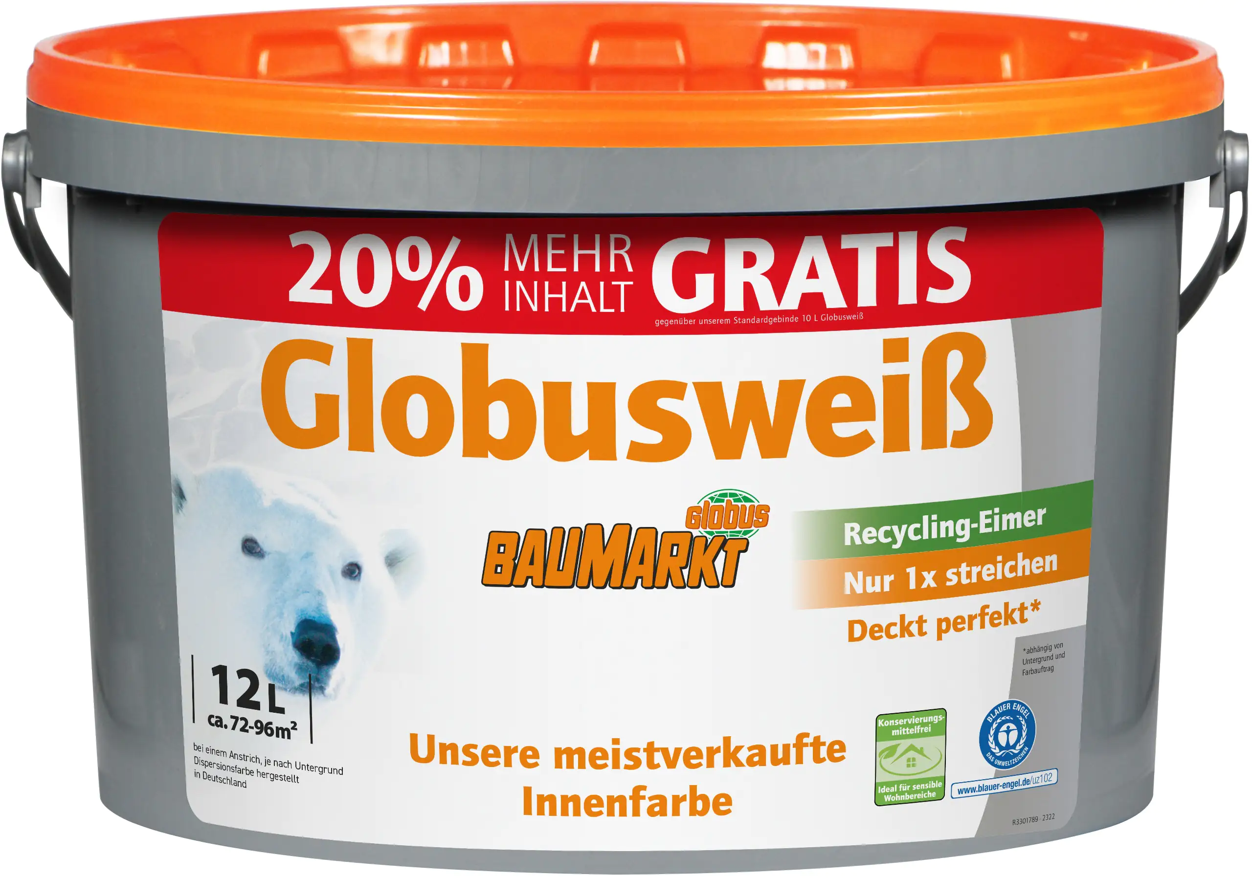 Globusweiß Wandfarbe matt 12 L konservierungsmittelfrei 20 % mehr Inhalt