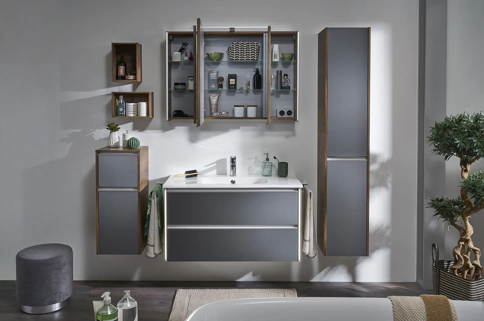 Pelipal Badmöbel-Set 6040 Stahlgrau/Eiche Ribbeck mit Waschplatzbeleuchtung 170 cm