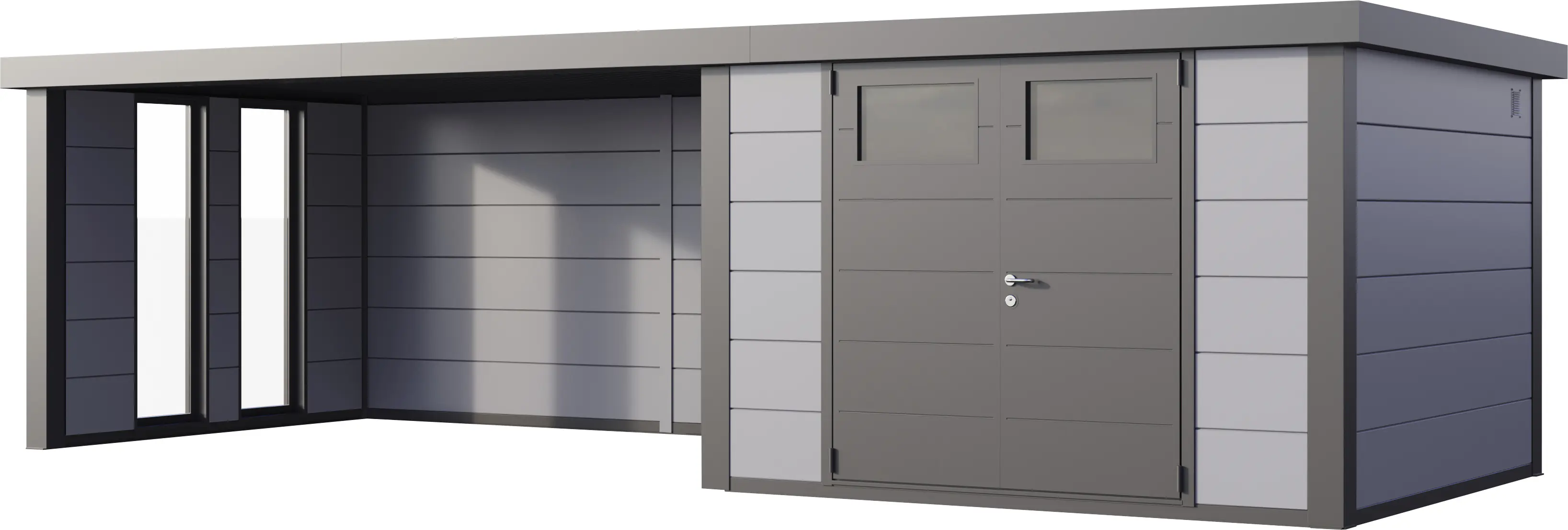 Telluria Gerätehaus Classico Lounge XL mit Fenstern 3030 links lichtgrau 762 x 298 cm