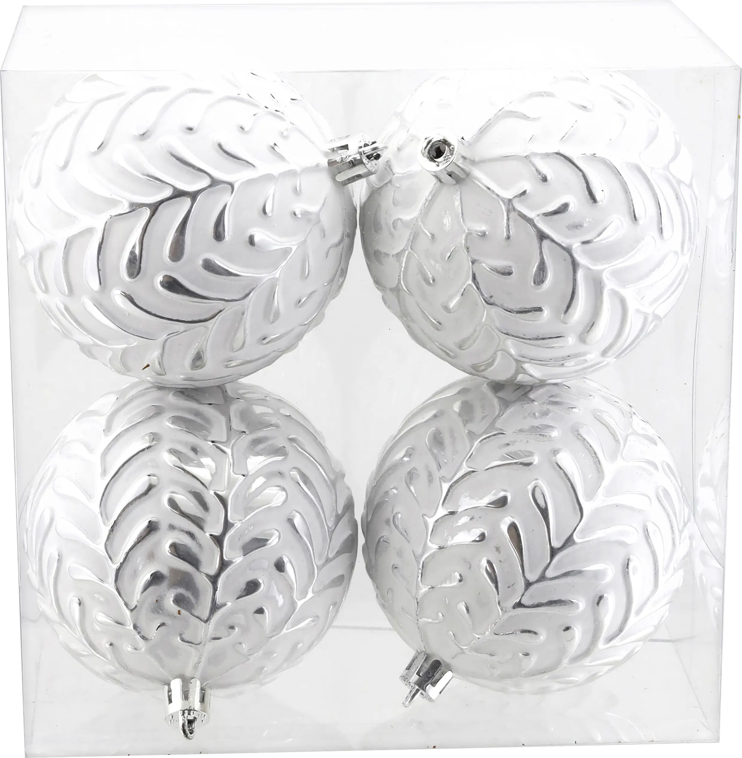Weihnachtskugel aus Kunststoff Ø 8 cm weiß/silber Zweigmuster - 4 Stück
