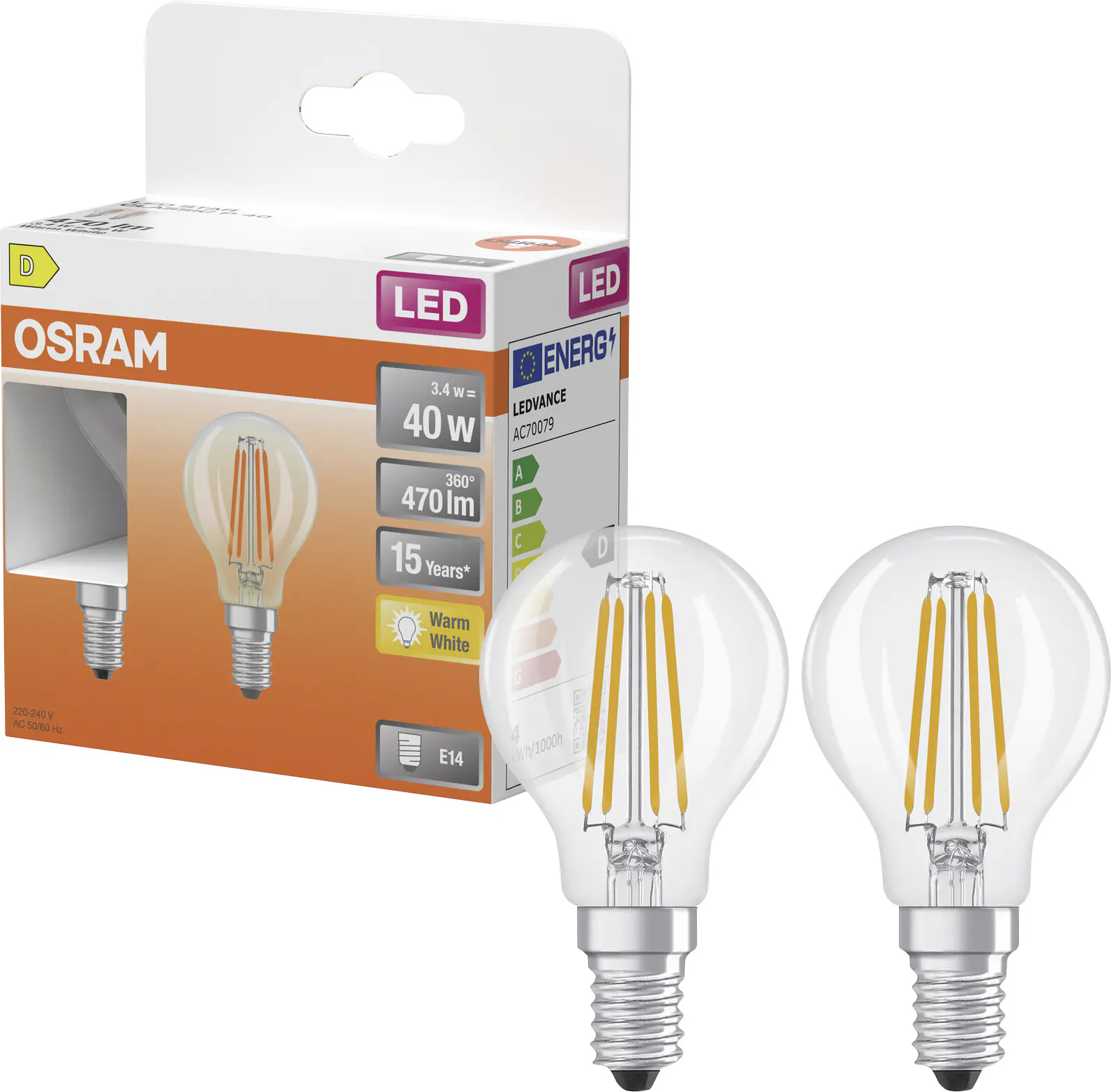 Osram LED Leuchtmittel E14 2er Pack Star Classic 3,4W klar warmweiß
