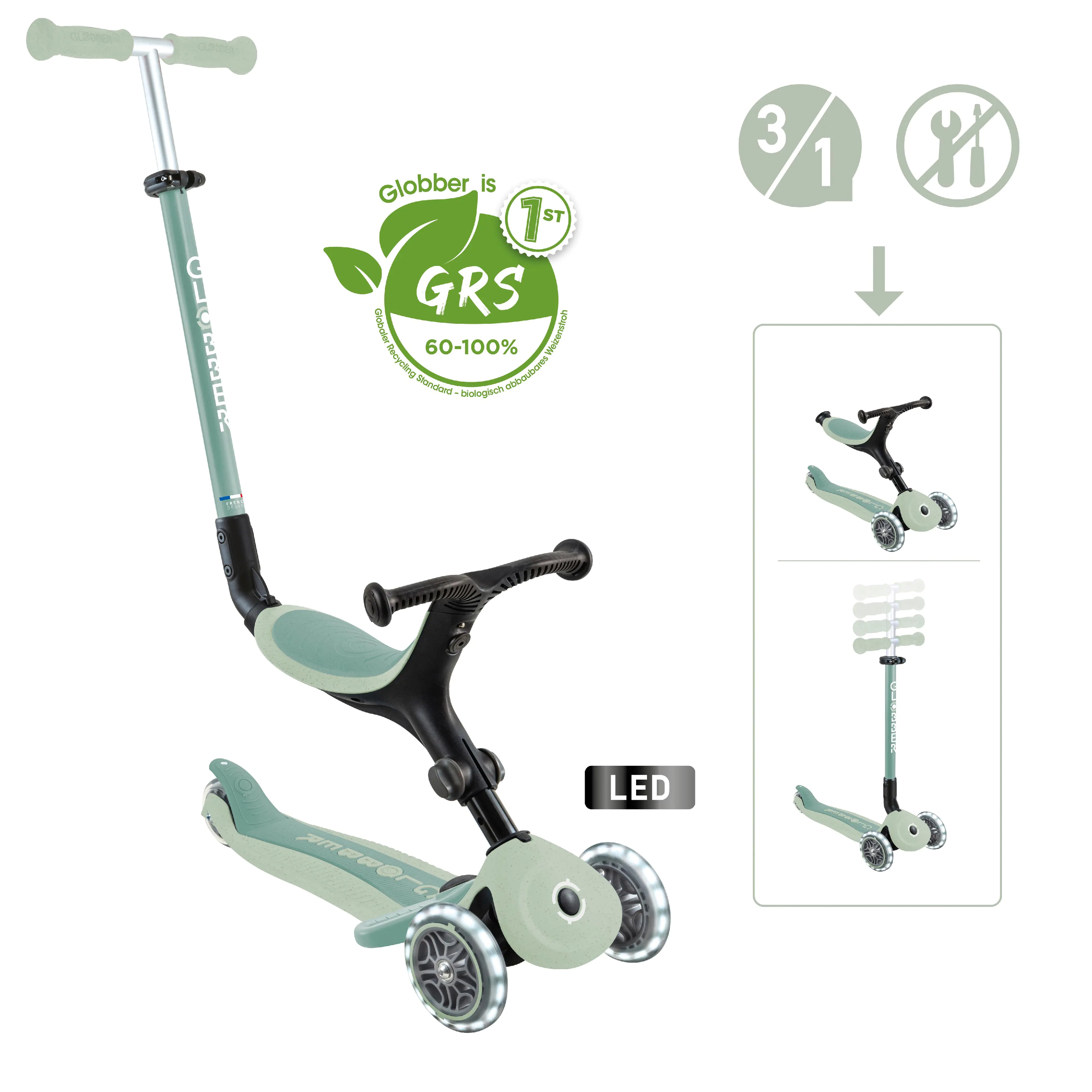Globber 3-in-1 Fahrzeug Go-Up Active Lights Eco pistazie mit Leuchtrollen