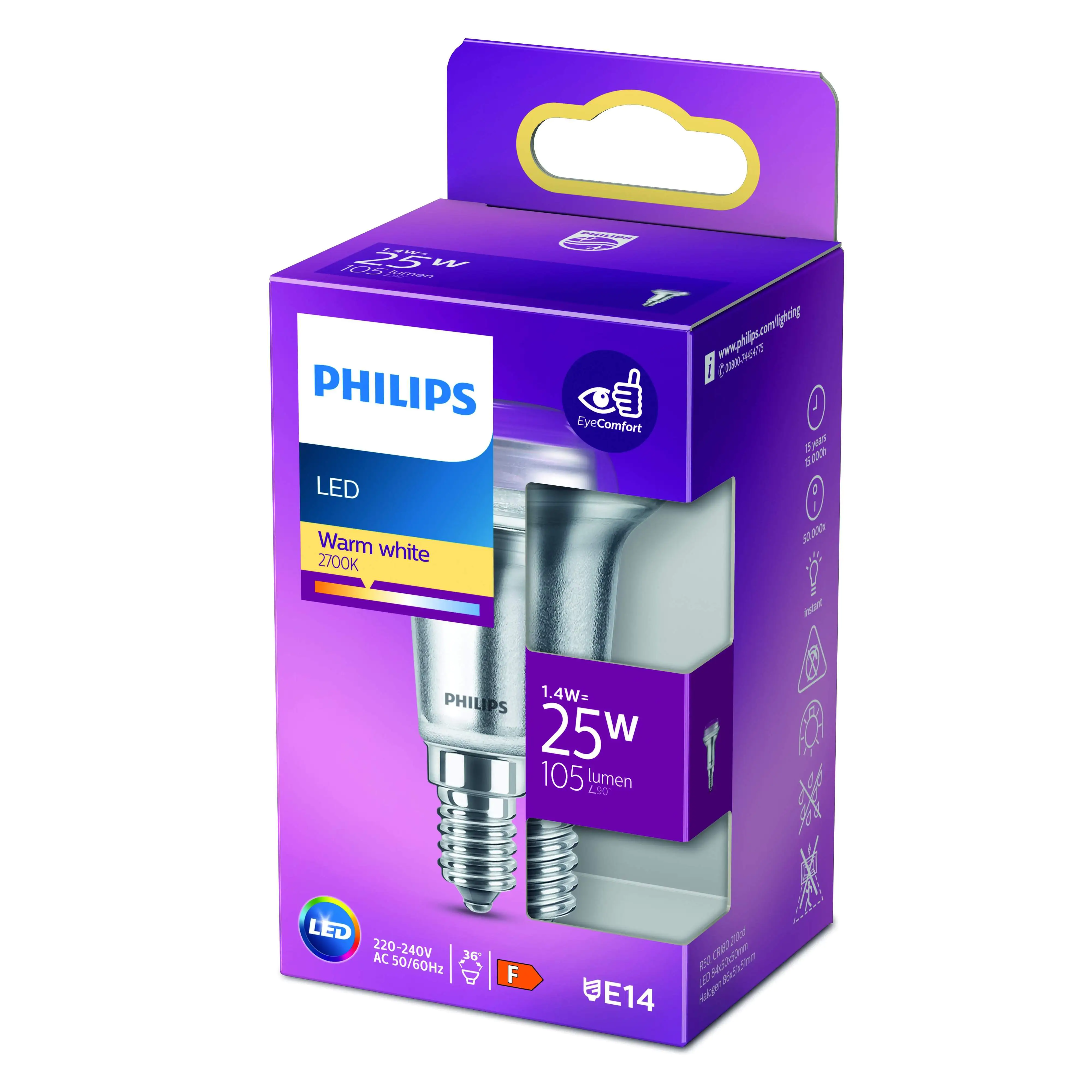 Philips LED-Leuchtmittel Spot R50 E14 1,4W, 105lm, 2700K, ww