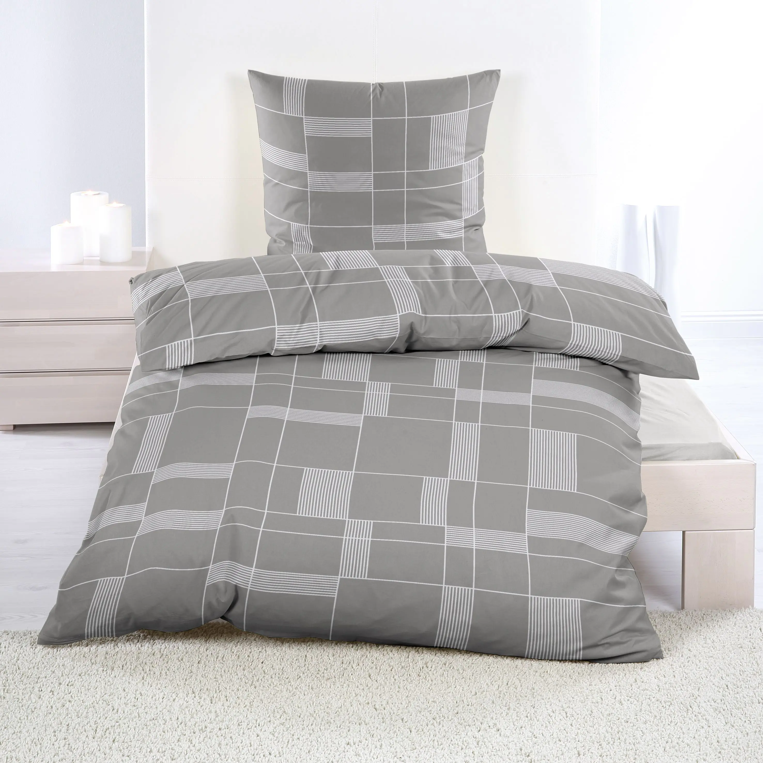 Casa Colori Biber-Bettwäsche mit Karo grau 135 x 200 cm