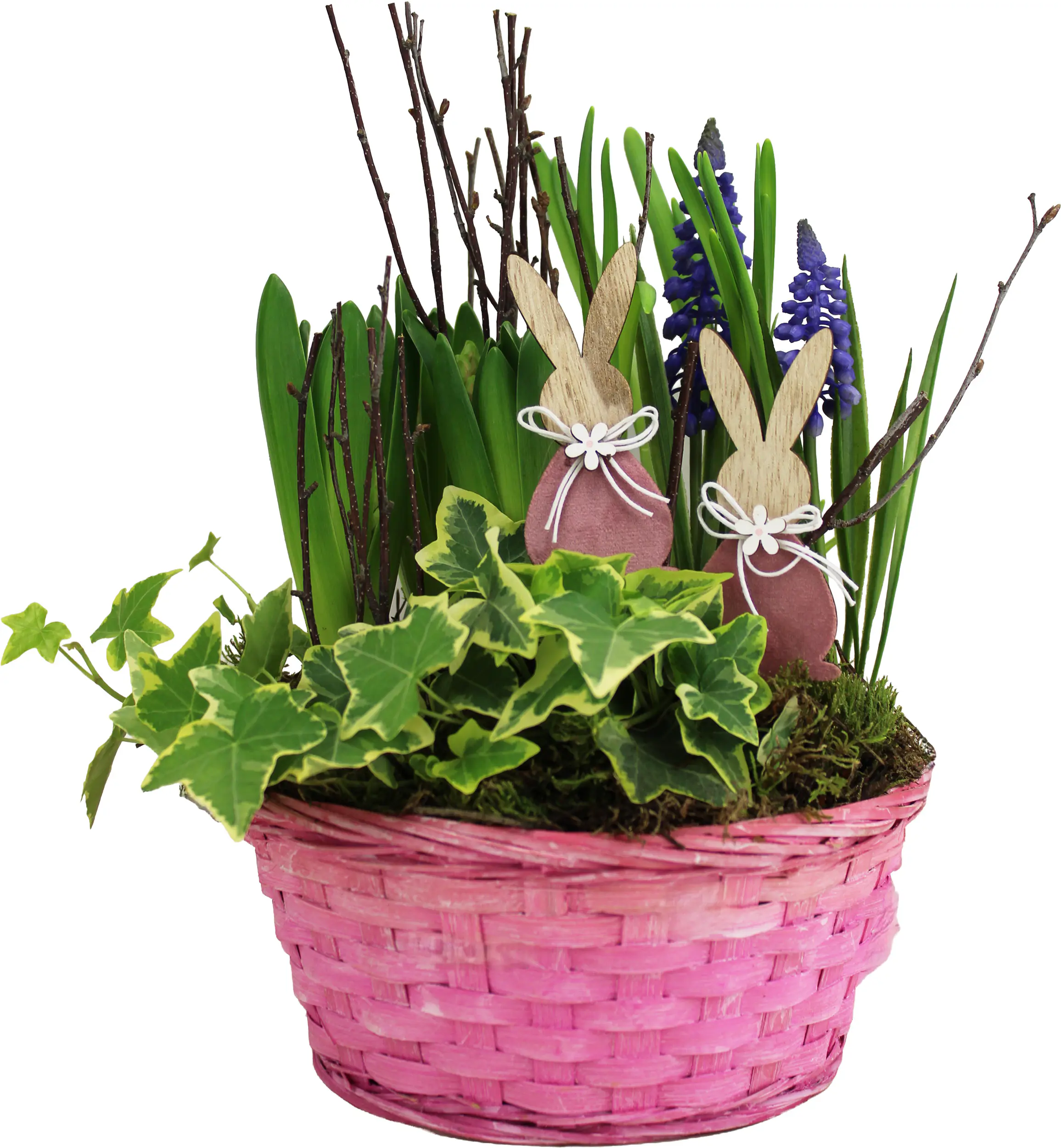 Osterarrangement Frühlingskorb Hyazinthe, Muscari & Hedera im Bambuskorb