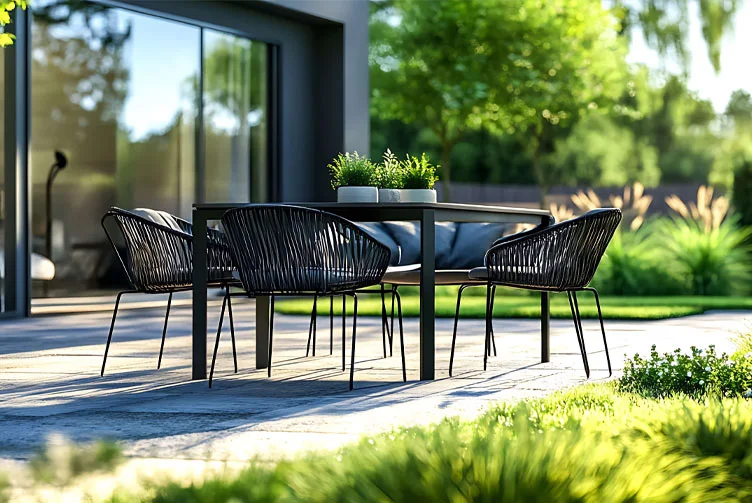 Moderne Gartenmöbel aus schwarzem Geflecht auf Terrasse vor Wohnhaus mit Blick in einen grünen Garten.