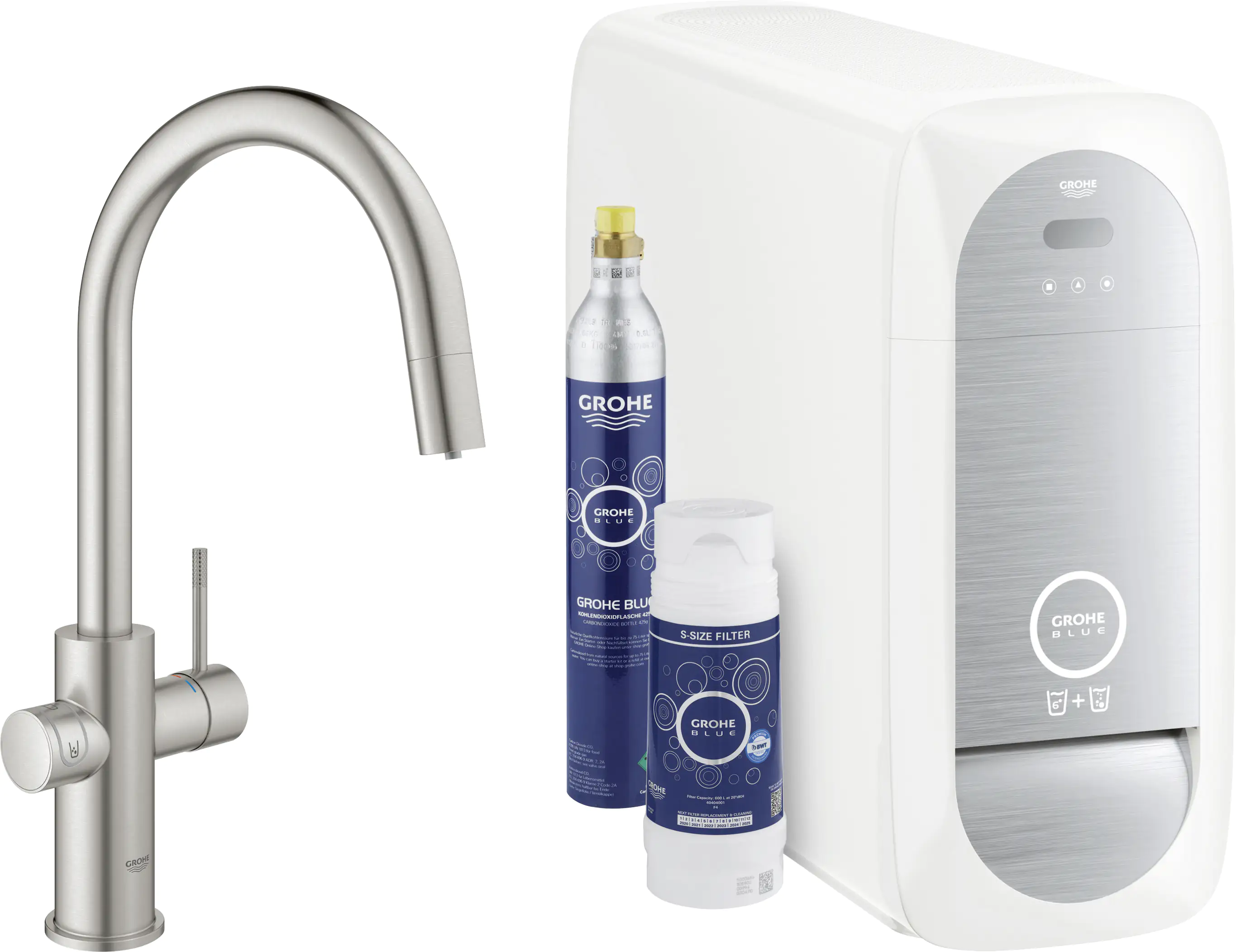 Grohe Blue Home C-Auslauf Starter Kit mit herausziehbarem Mousseurauslauf supersteel