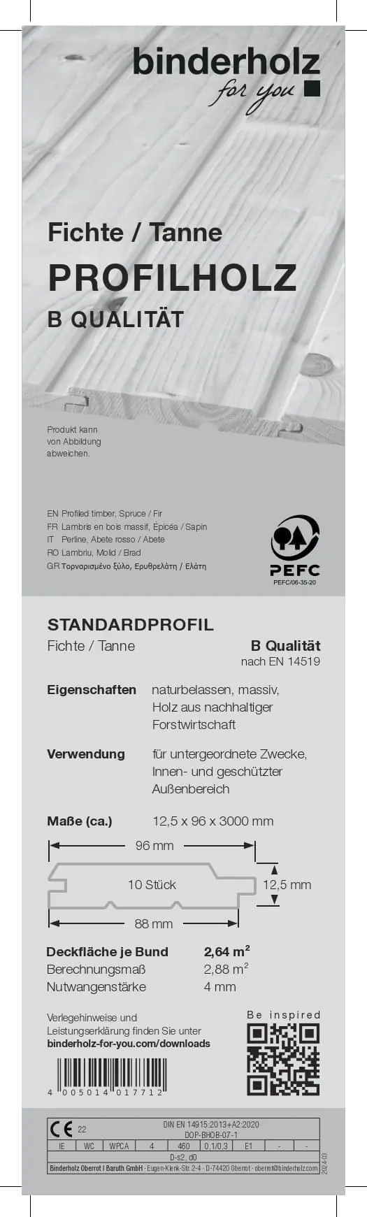 Profilholz Fichte Tanne B-Sortierung Schrägprofil 300 x 9,6 cm 12,5 mm