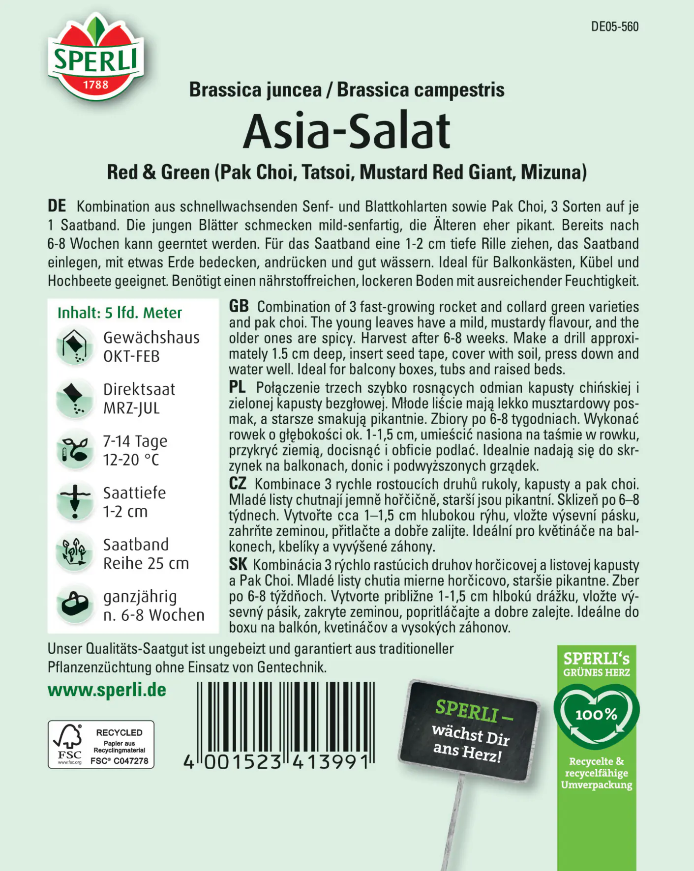 Sperli Saatgut Asia-Salatsamen Red & Green für bis zu 5 lfd. Meter