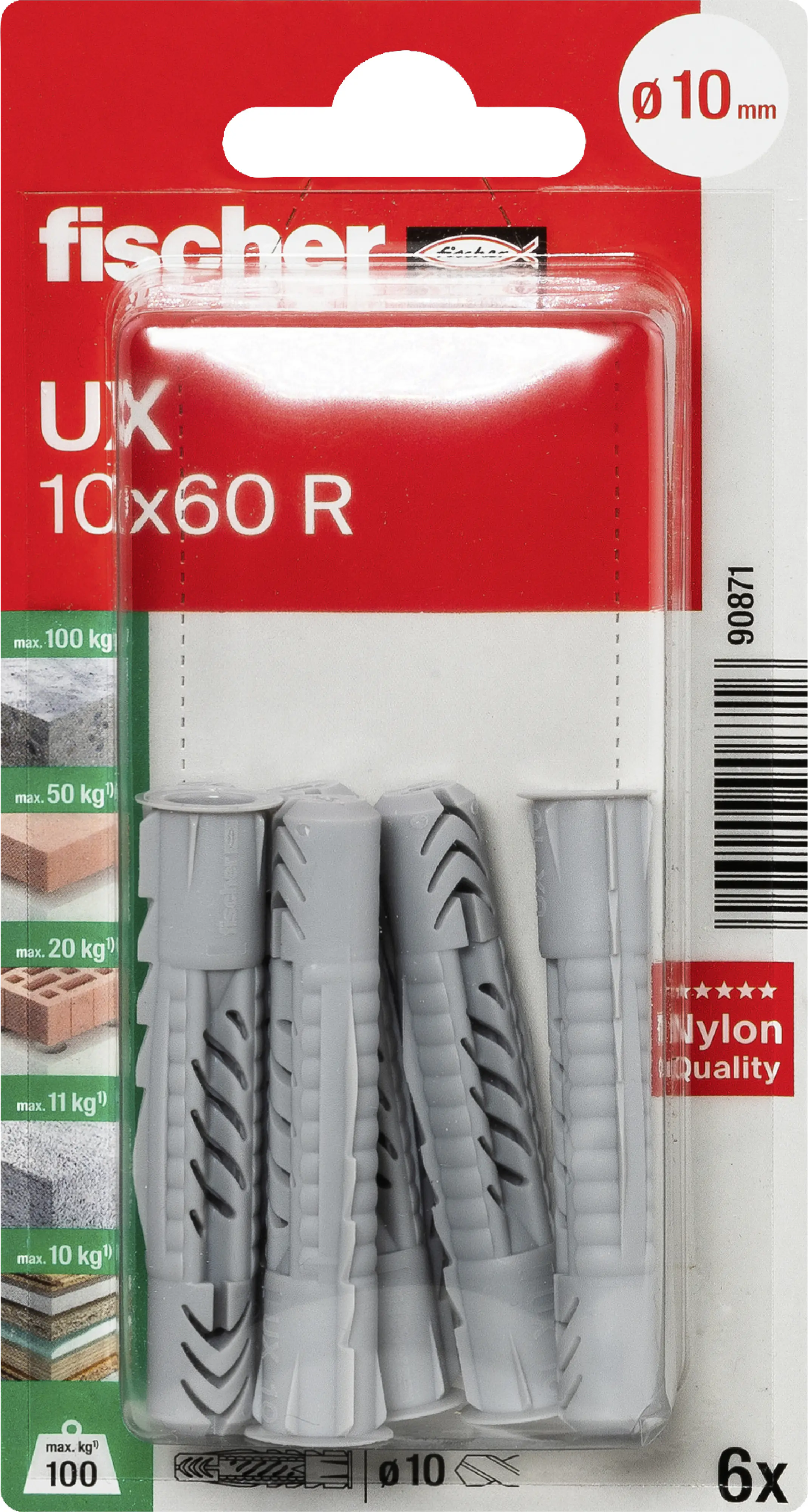 Fischer Universaldübel UX 10 x 60 mm mit Rand - 6 Stück