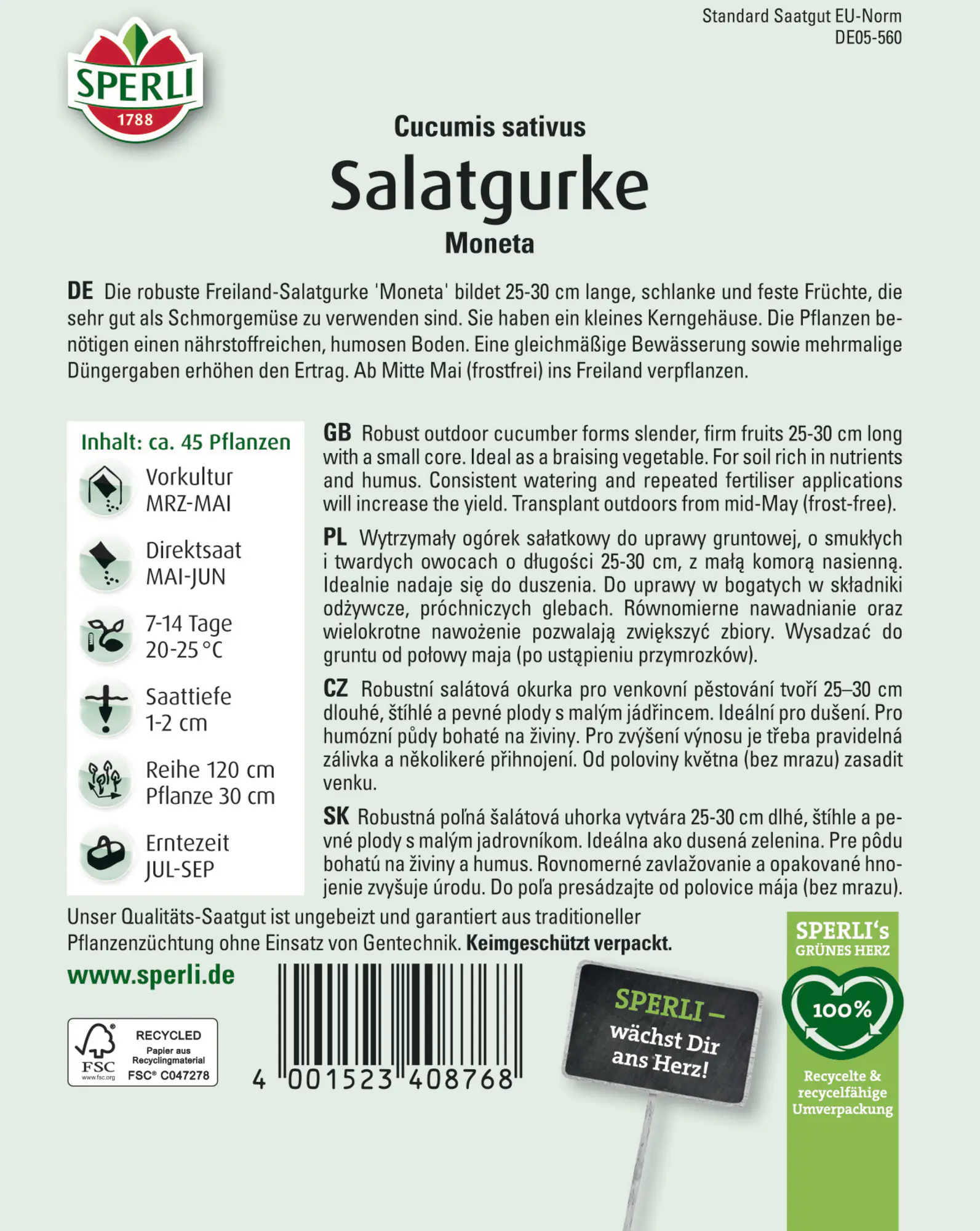 Sperli Saatgut Salatgurken Moneta für ca. 45 Pflanzen