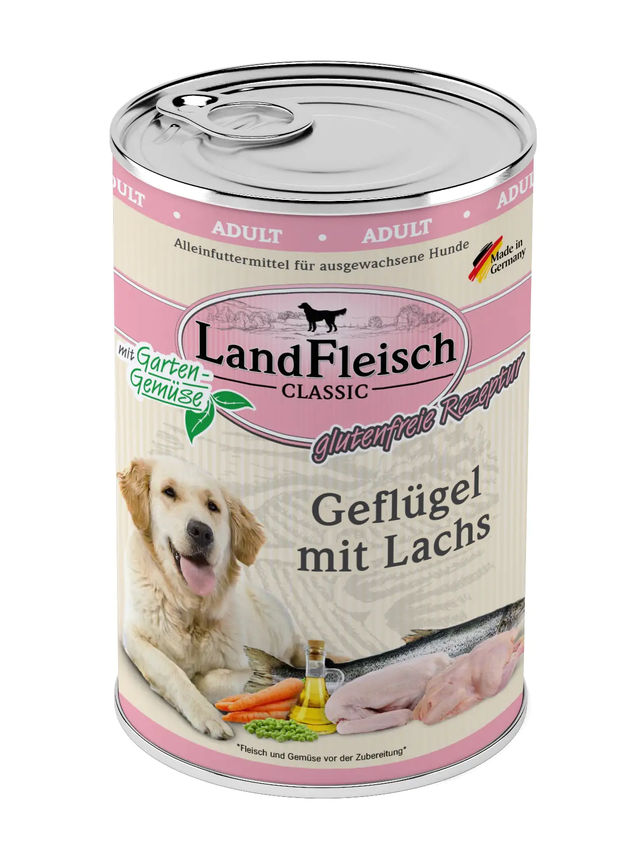 LandFleisch Dog Classic Hundenassfutter Geflügel mit Lachs 400 g