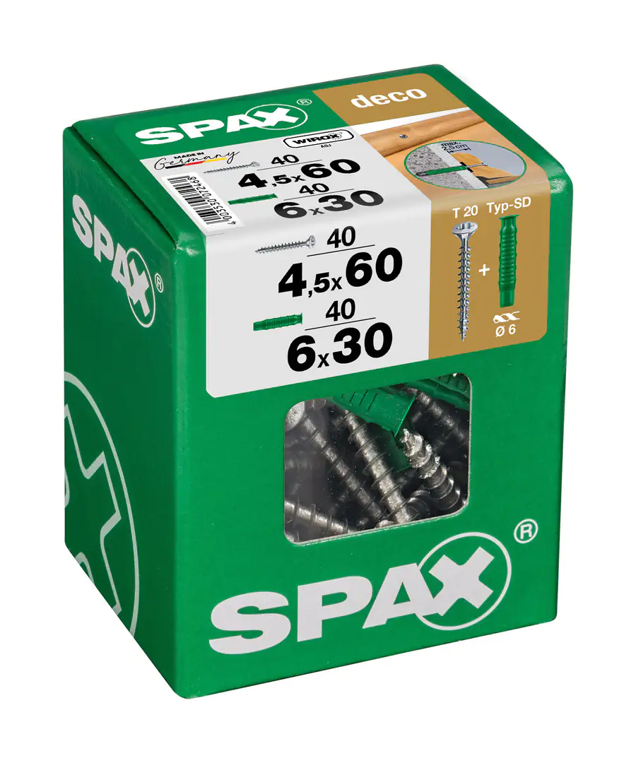 Spax Universalschrauben 4.5 x 60 mm TX 20 - 40 Stk. (+40 Dübel) Spax Universalschrauben 4.5 x 60 mm TX 20 - 40 Stk. (+40 Dübel)