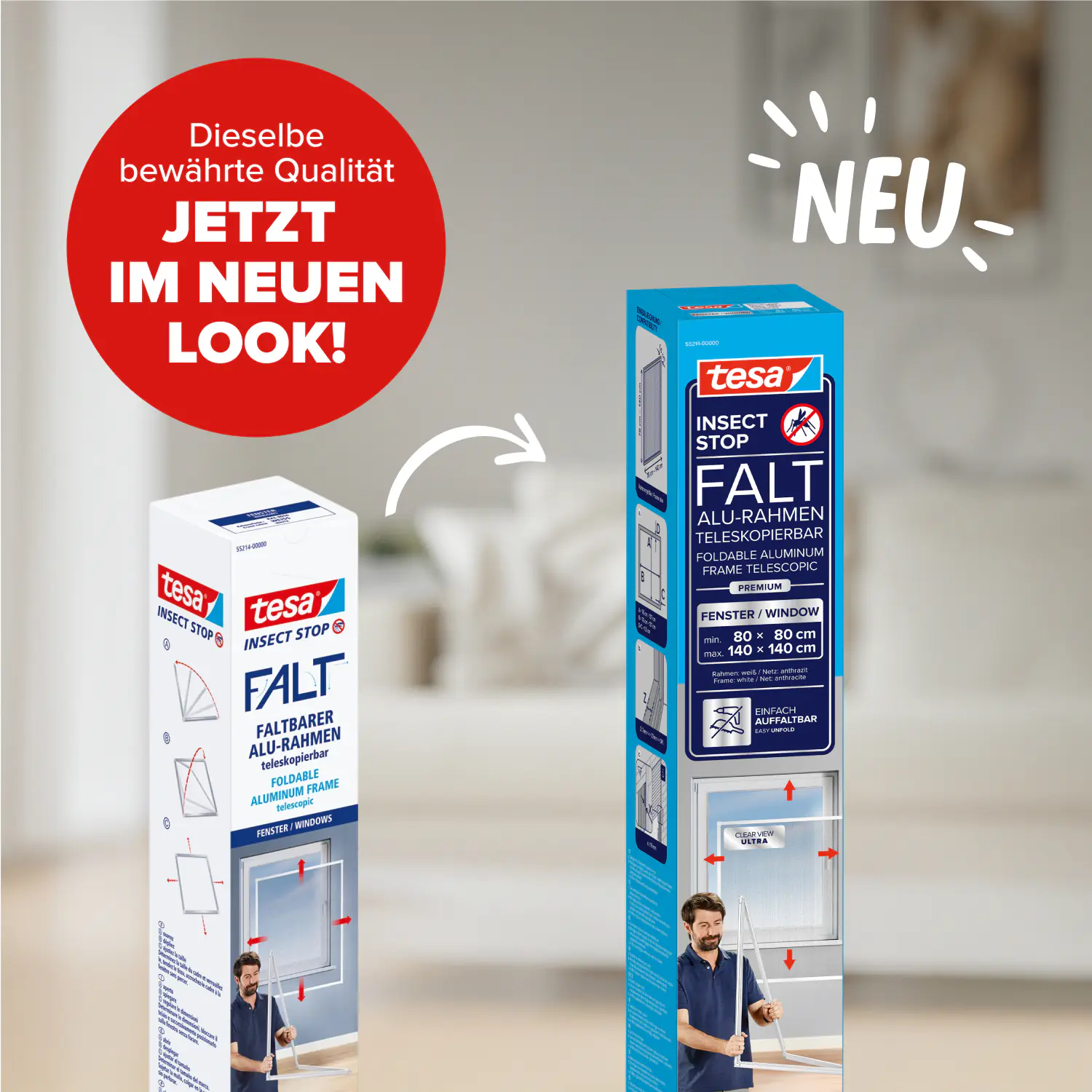 tesa Fliegenschutz-Fenster FALT 80 x 80 - 140 x 140 cm weiß/weiß