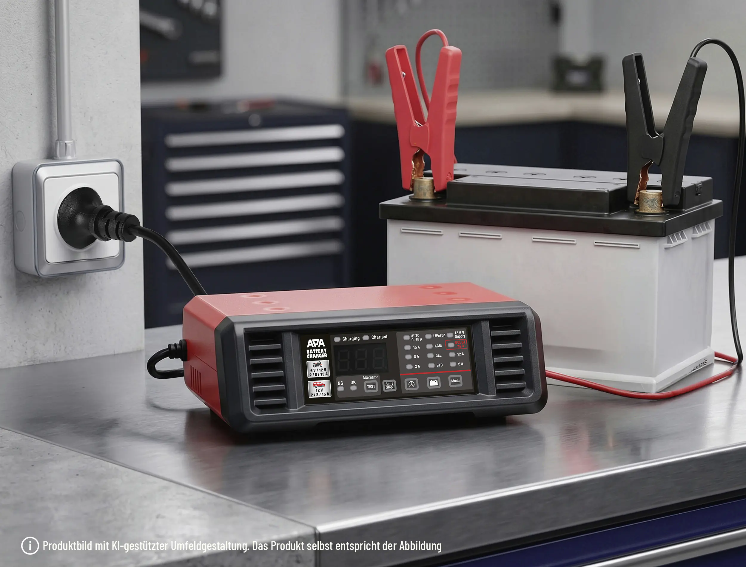 APA Werkstattladegerät für Fahrzeugbatterien 6/12 V 15 A mit 75 A Starthilfe
