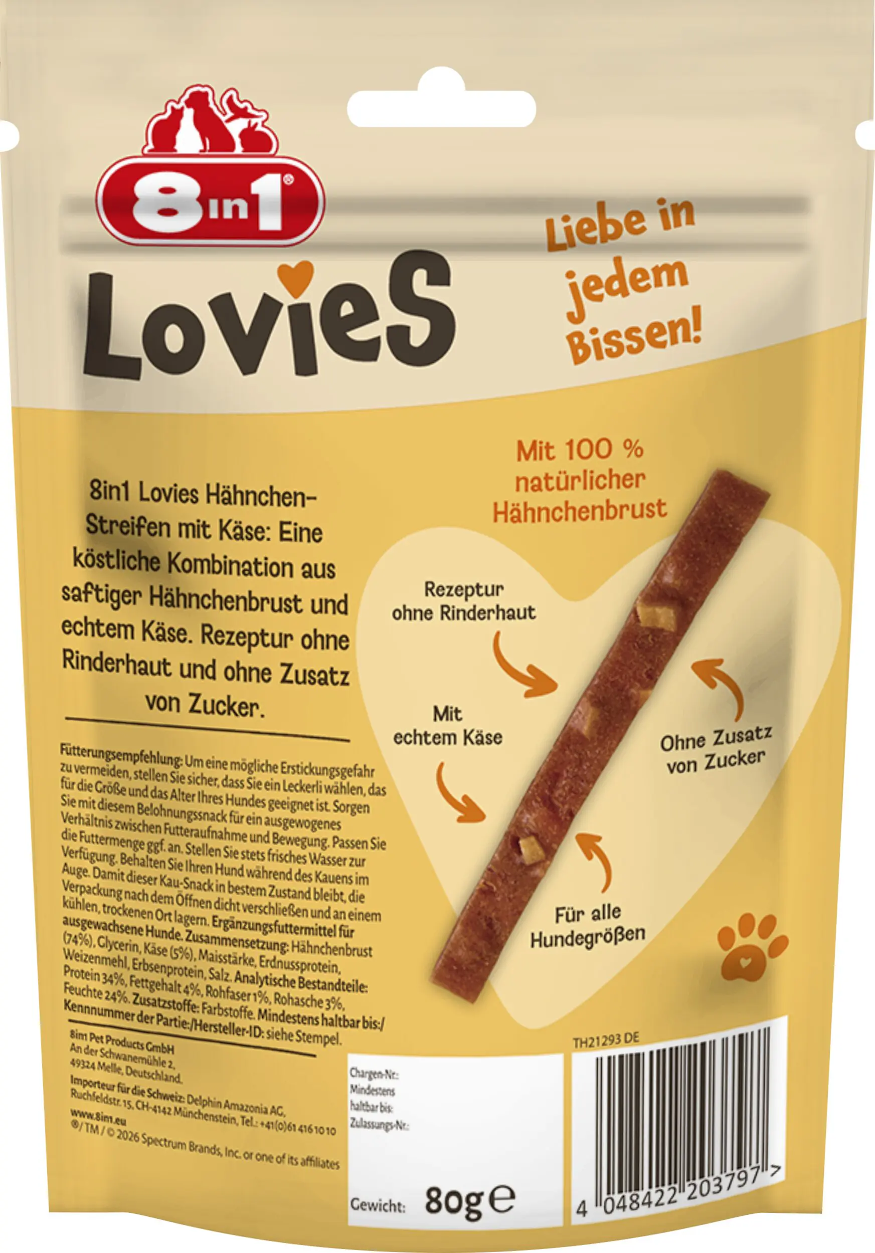 8in1 Hundeleckerli Lovies 80 g Hühnchen-Käsestreifen 