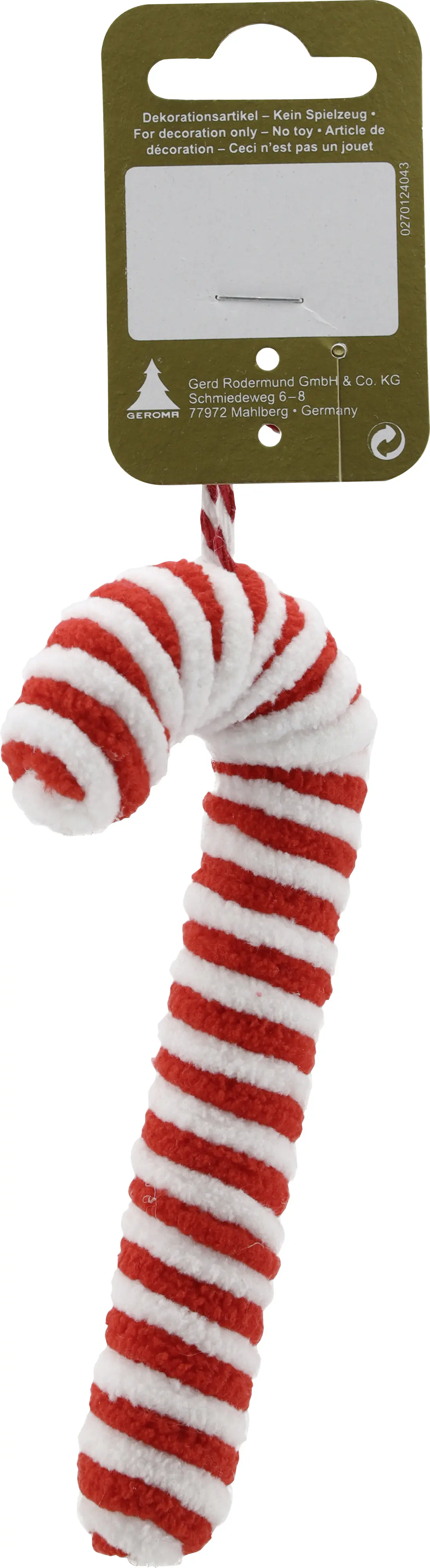 Weihnachtsanhänger Zuckerstange aus Plüsch 13 cm weiß/rot