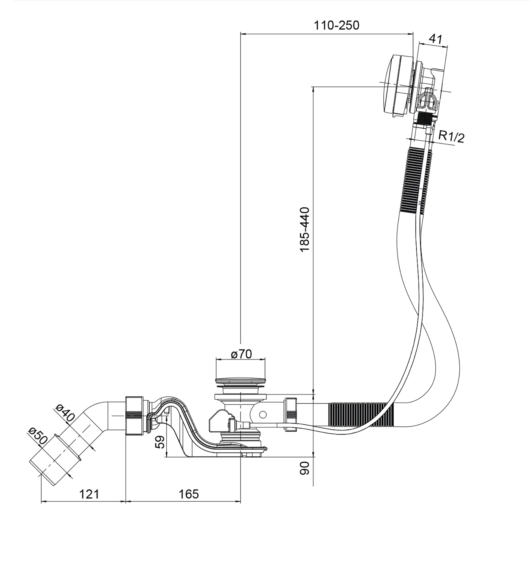 Ottofond Ab- und Überlaufgarnitur Luxus für Badewannen, mit Excentergarnitur, mit Wassereinlauf