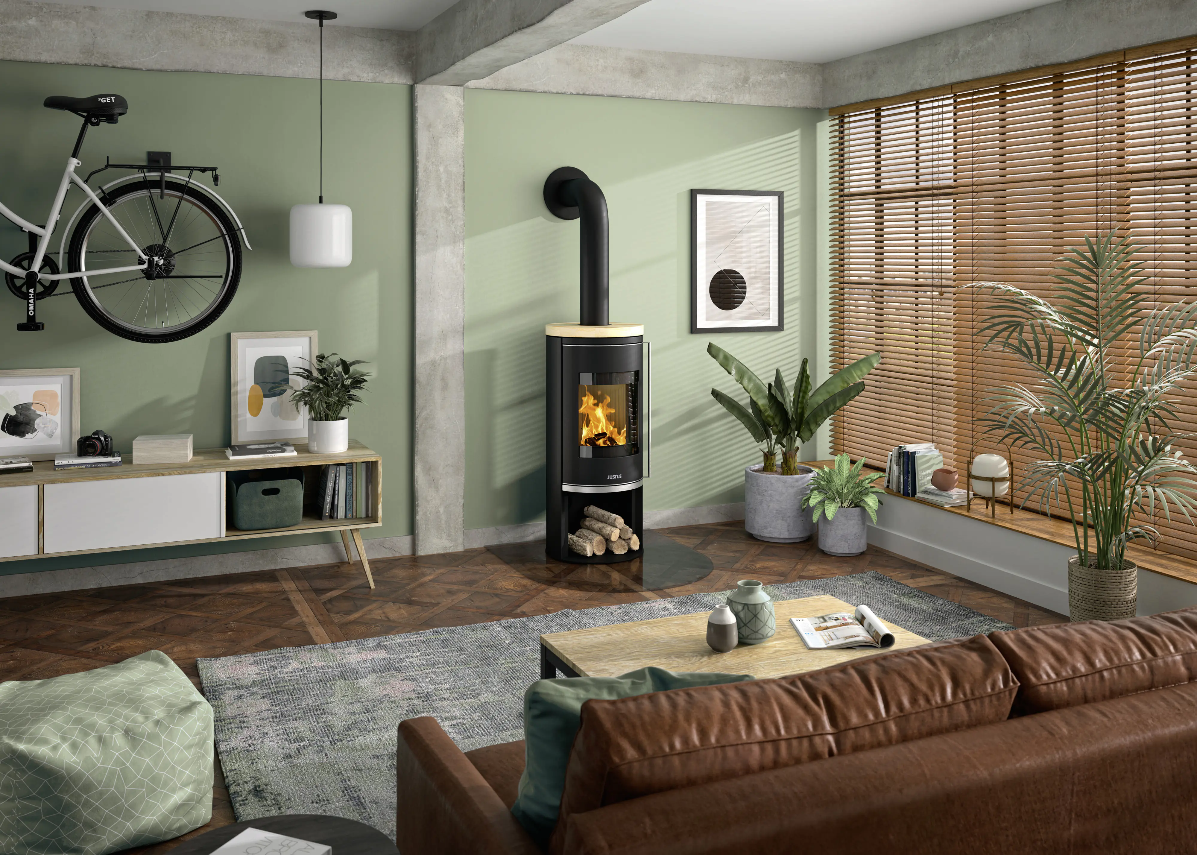 Justus Kaminofen Faro 2.0 Stahl schwarz mit Abdeckplatte Sandstein 6 kW