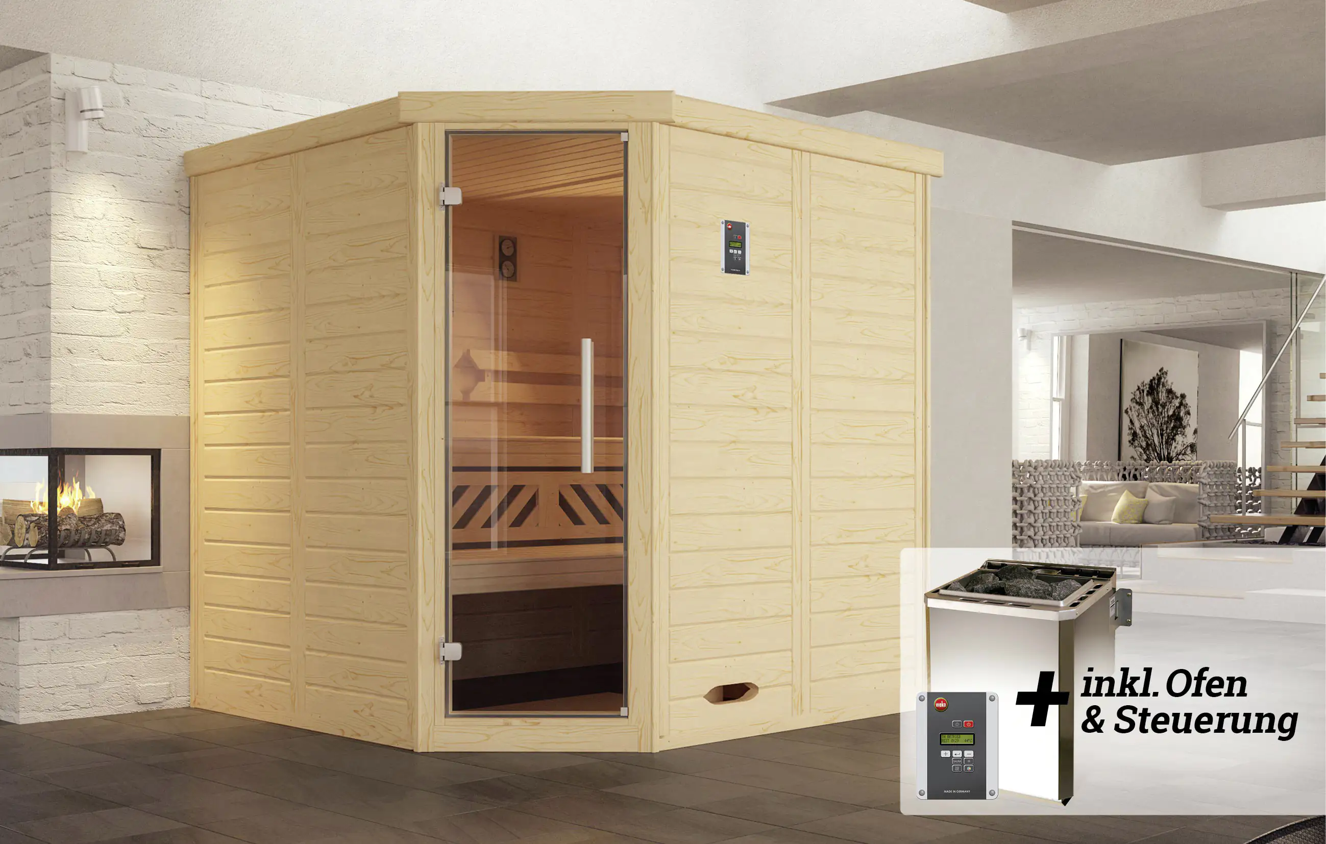 Weka Premium Massivholz-Elementsauna Kemi Eck Gr. 1 Sparset 7,5 kW BioS