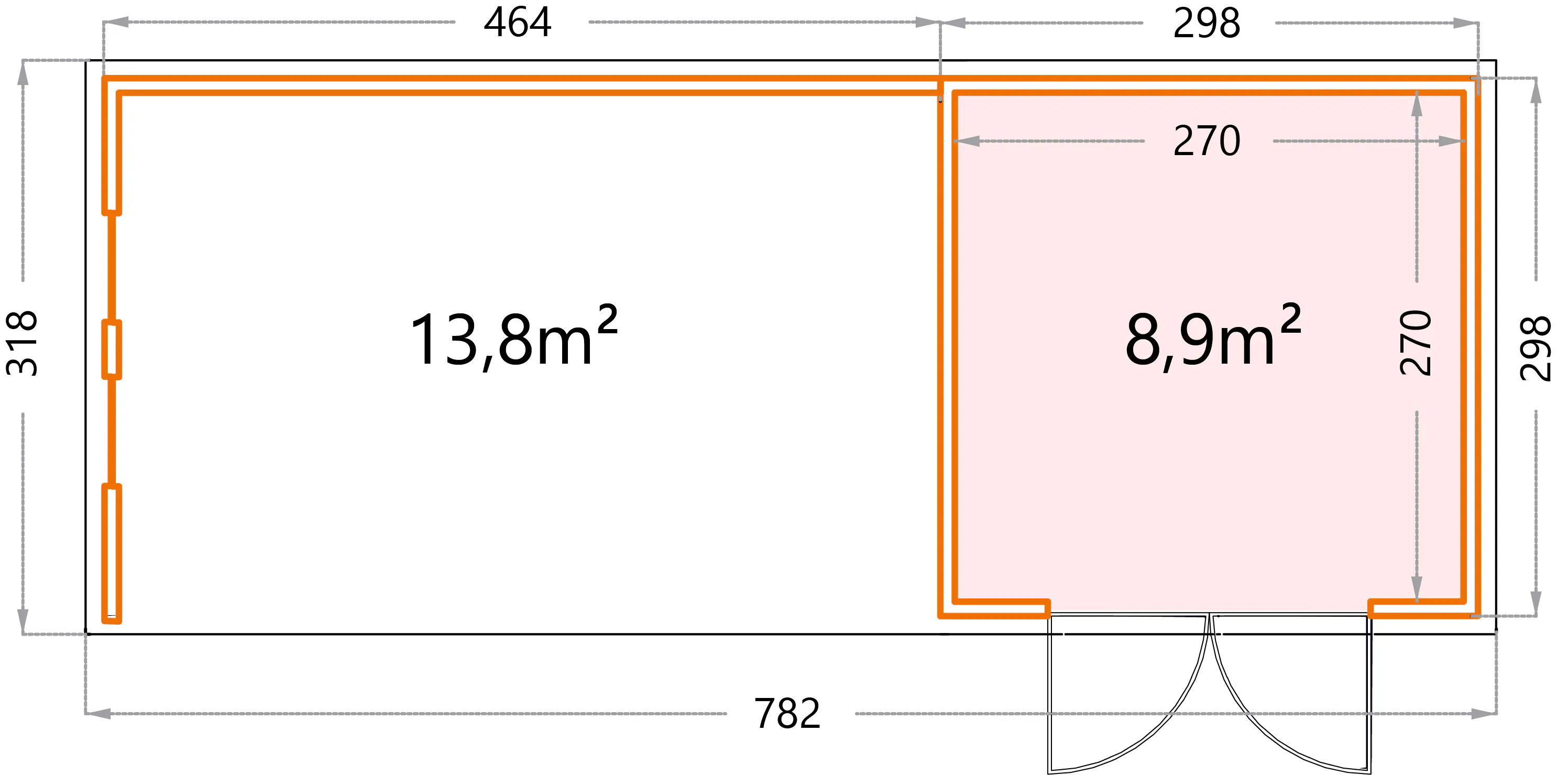 Telluria Gerätehaus Classico Lounge XL mit Fenstern 3030 links lichtgrau 762 x 298 cm
