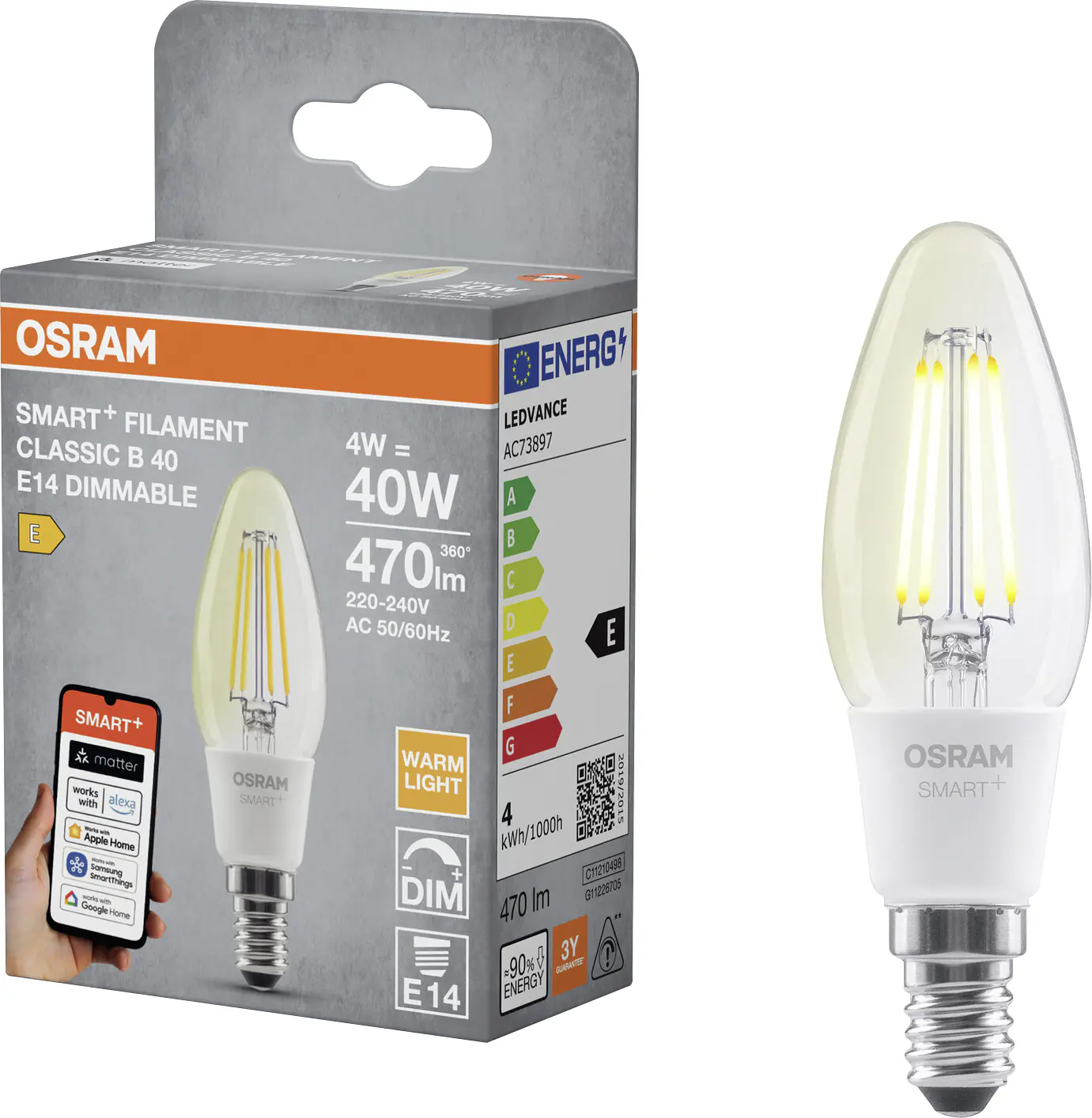 Osram SMART+ Matter Leuchtmittel E14 Classic 4W dimmbar warmweiß