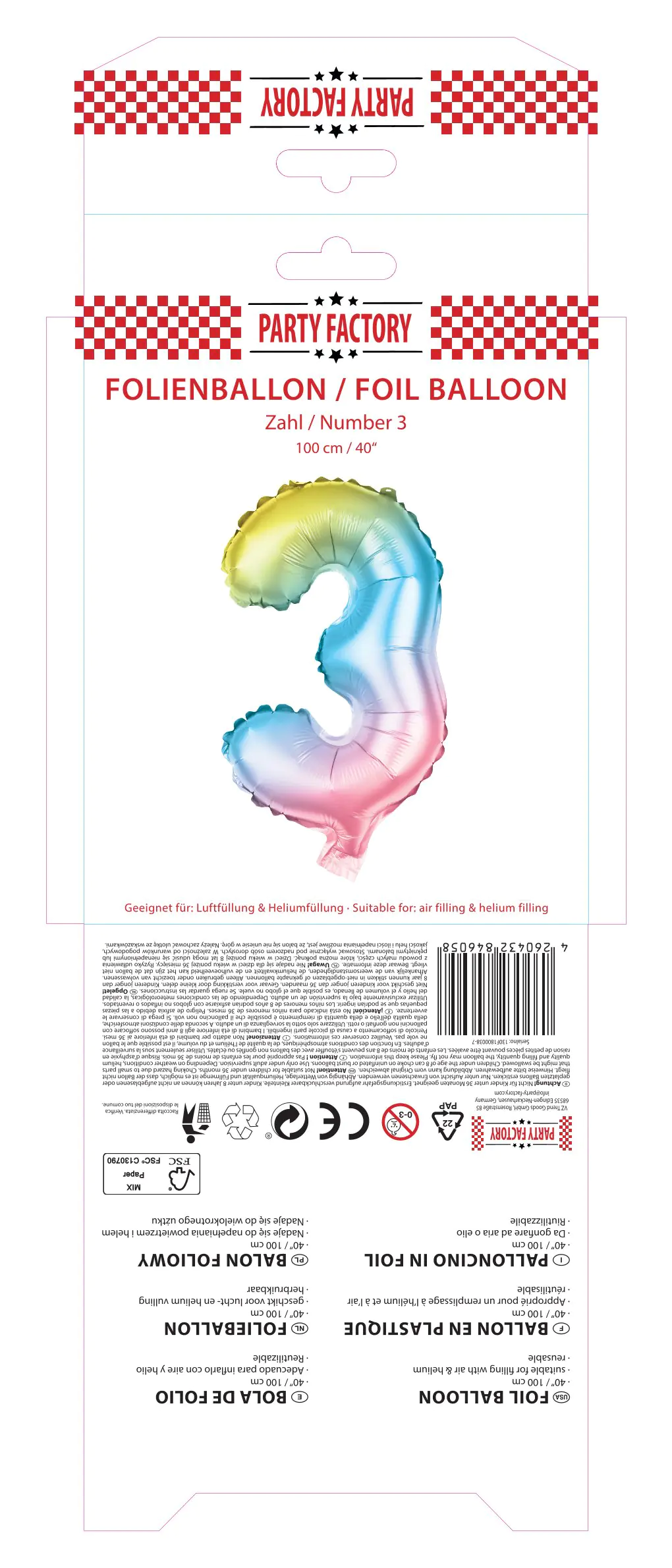 Folienballon Zahl 3 bunt 100 cm