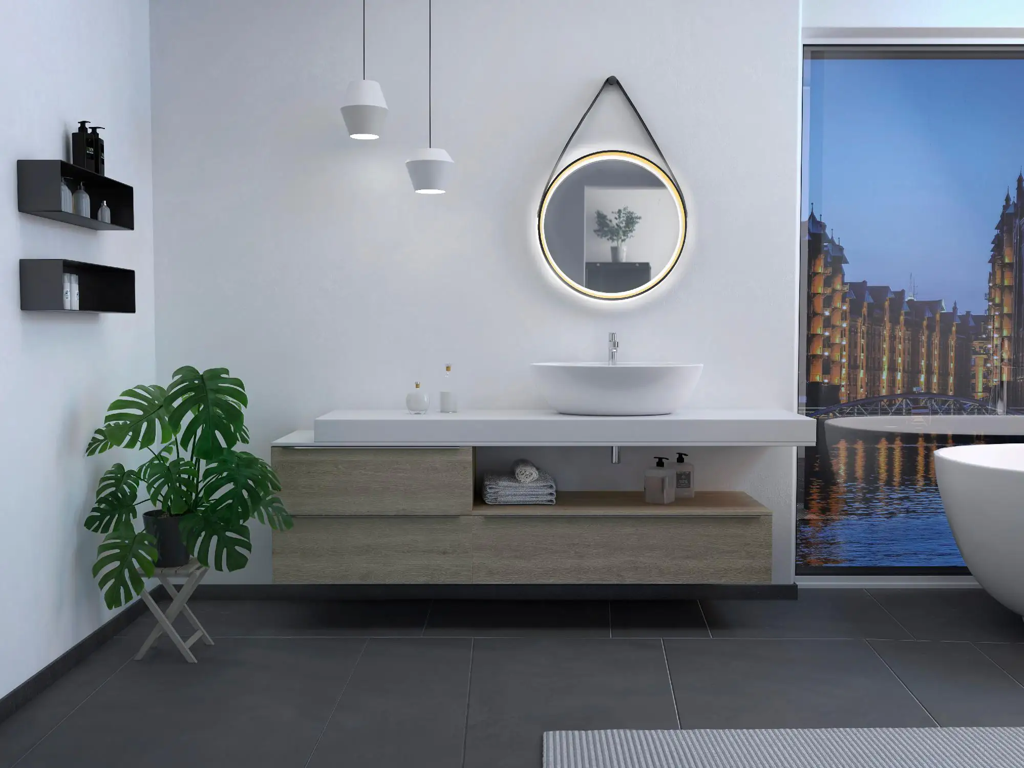 DSK LED Lichtspiegel Black Verano Ø55 cm, außen schwarz und innen gold