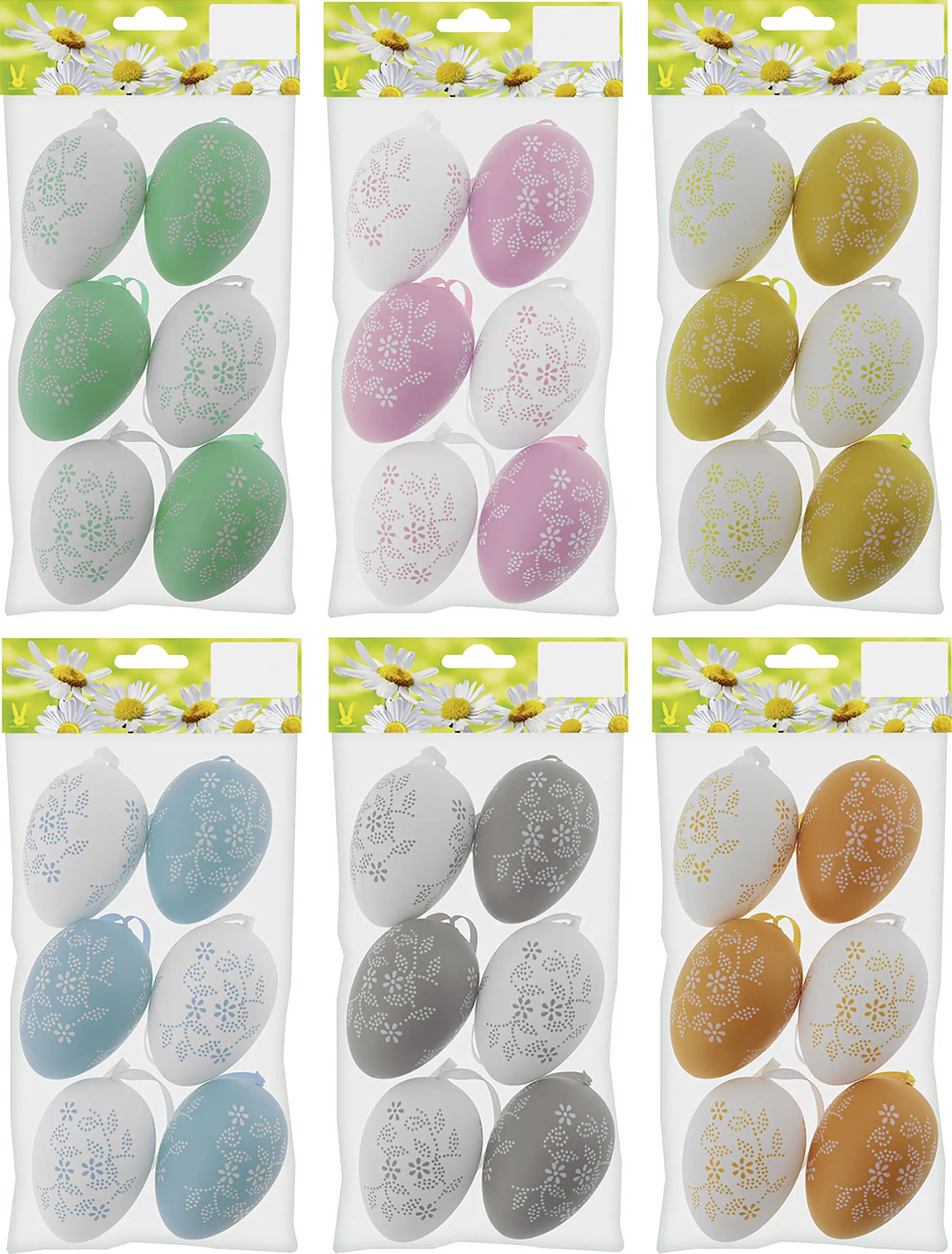 Ostereier Kunststoff zum Hängen 6 x 4 cm weiß bunt mit Blumendruck 6 Stück