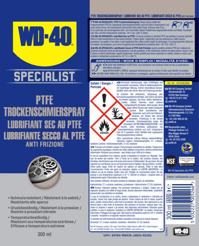 WD-40 Specialist PTFE Trockenschmierspray 300ml WD-40 Specialist PTFE Trockenschmierspray 300ml