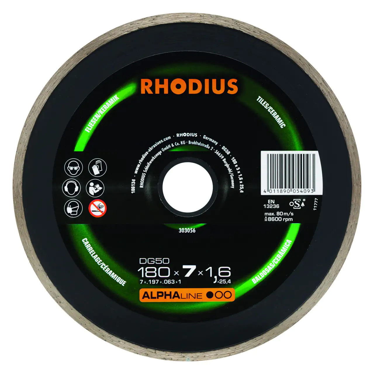 Rhodius Diamanttrennscheibe DG50 Fliesen Ø 180 mm Bohrung 25,4 mm