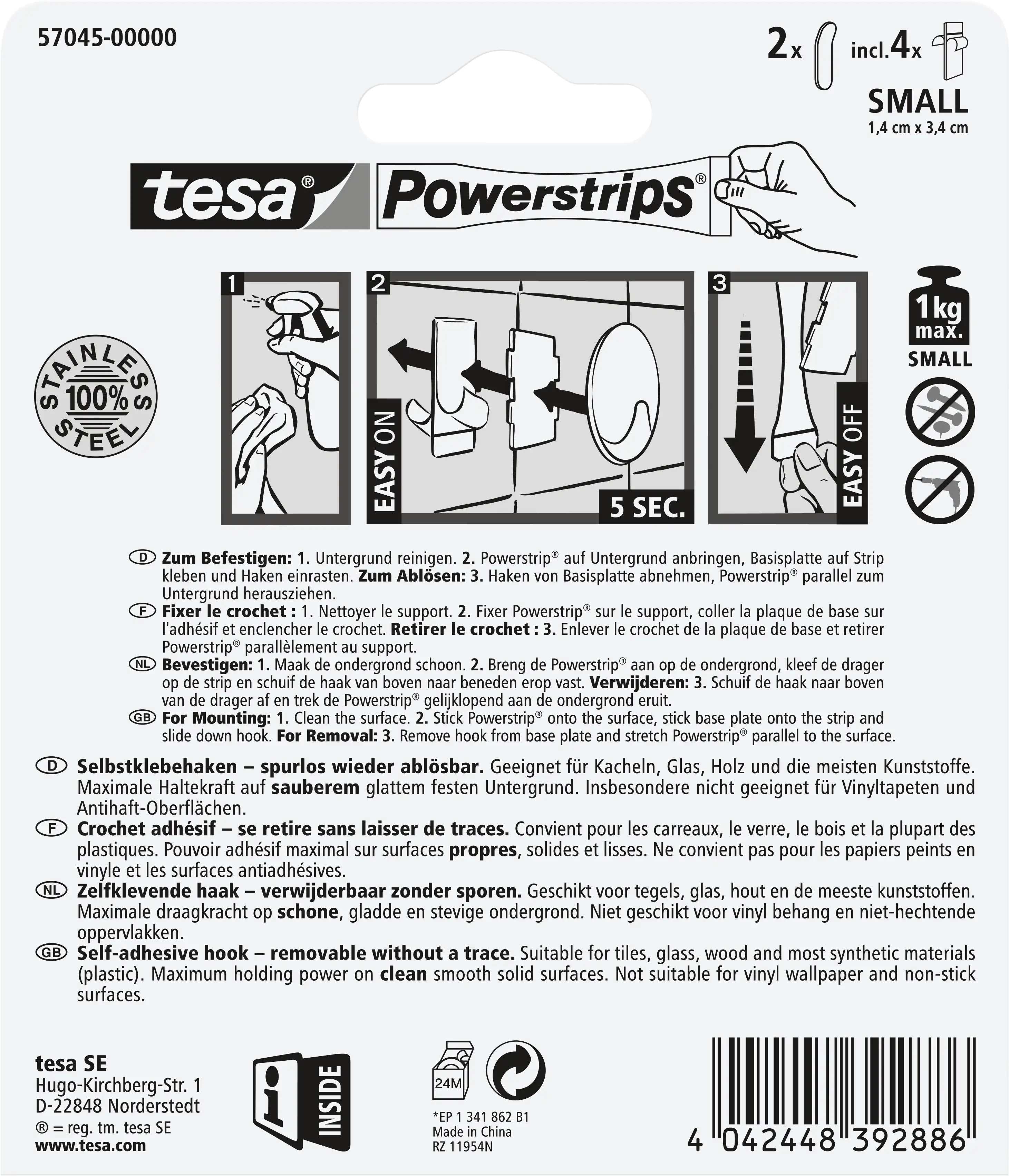 tesa Powerstrips Haken Small rechteckig, Edelstahl tesa Powerstrips Haken Small rechteckig, Edelstahl