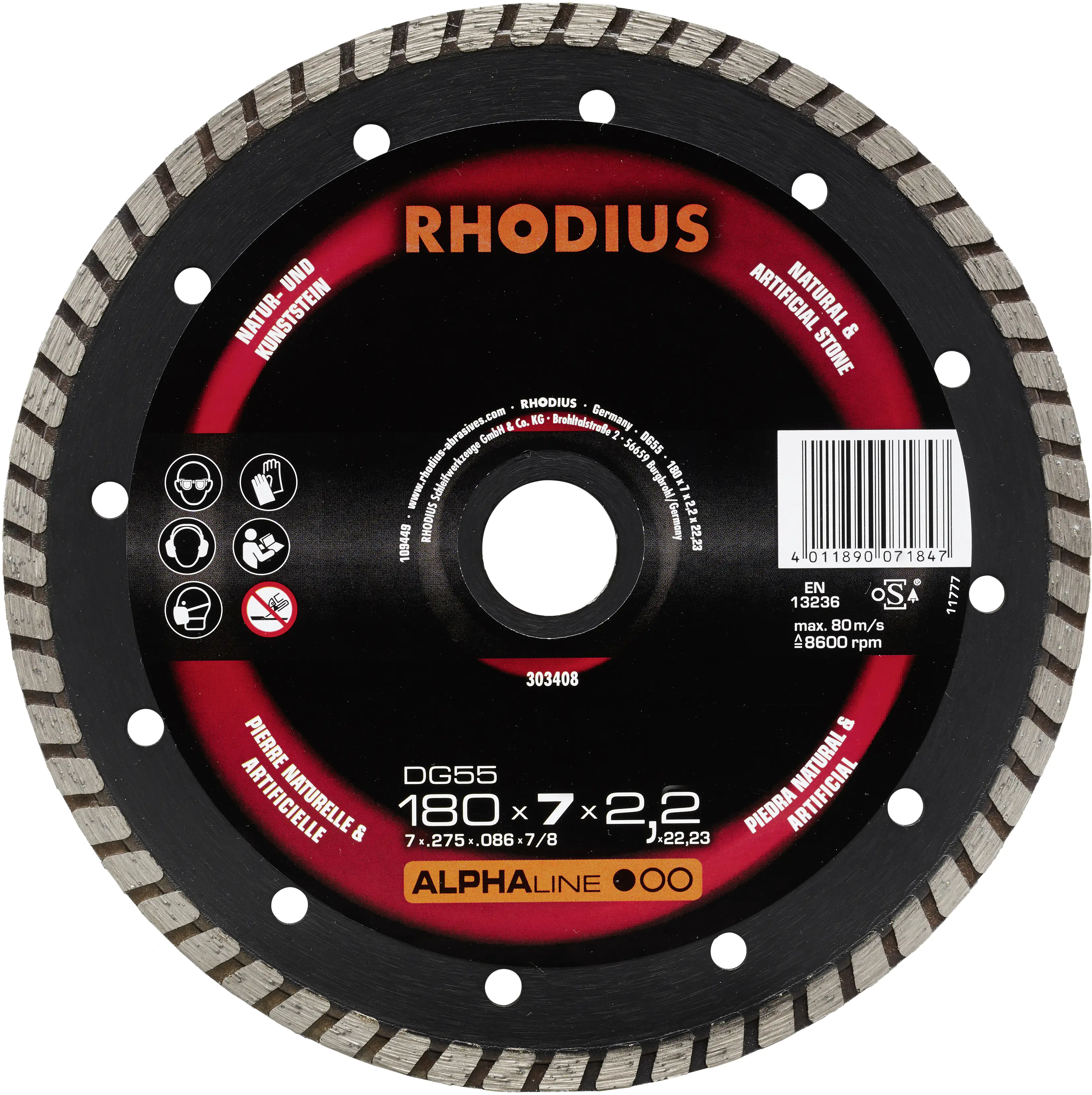 Rhodius Diamanttrennscheibe DG55 Stein Ø 180 mm Bohrung 22,23 mm Rhodius Diamanttrennscheibe DG55 Stein Ø 180 mm Bohrung 22,23 mm