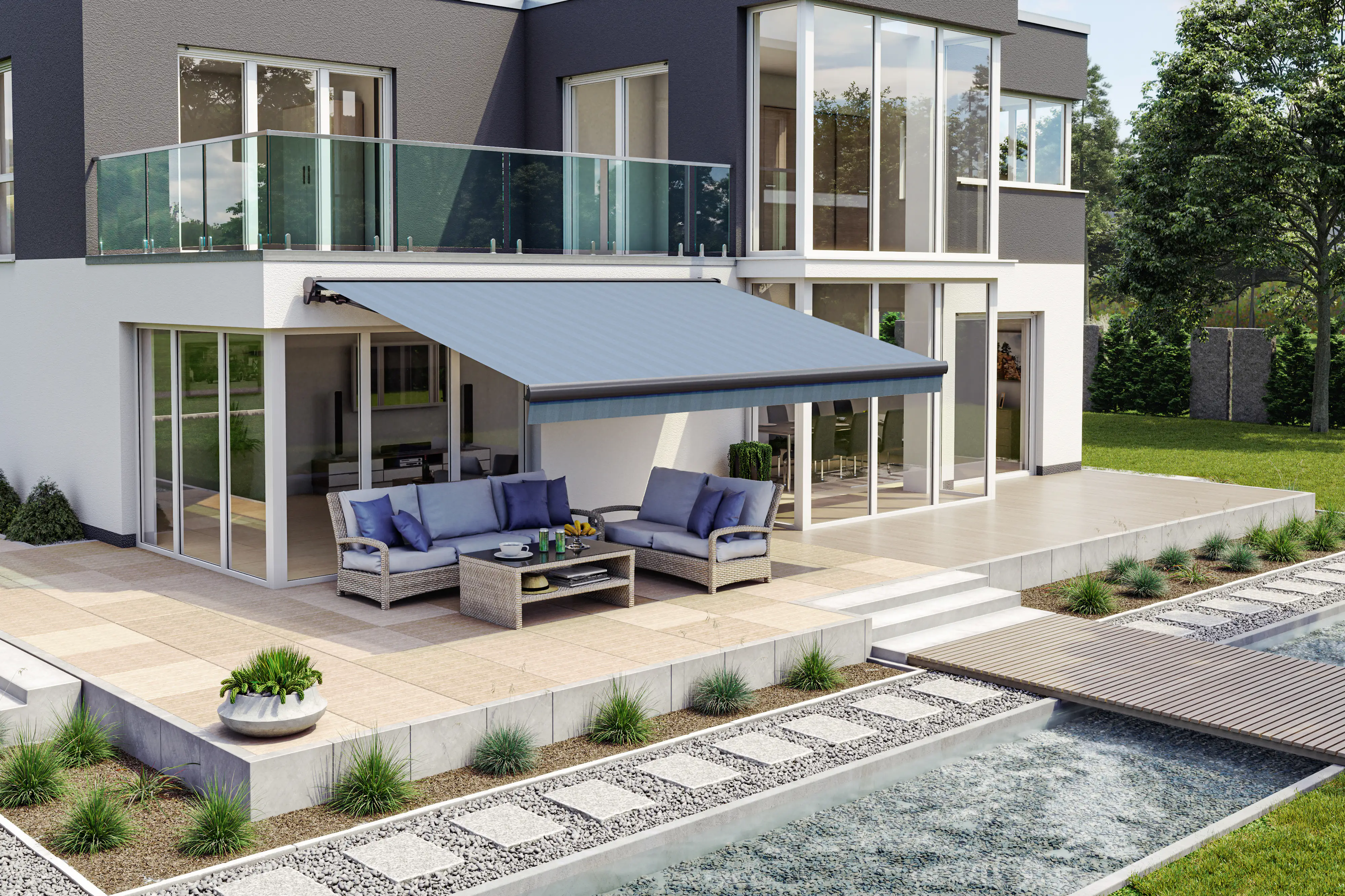 Teilhülsenmarkise blau-schwarz gestreift 