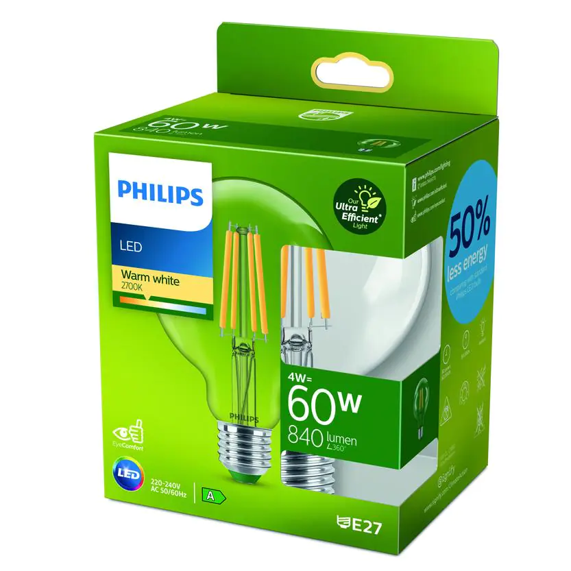 Philips LED-Leuchtmittel Filament Globe G95 E27 4W warmweiß klar