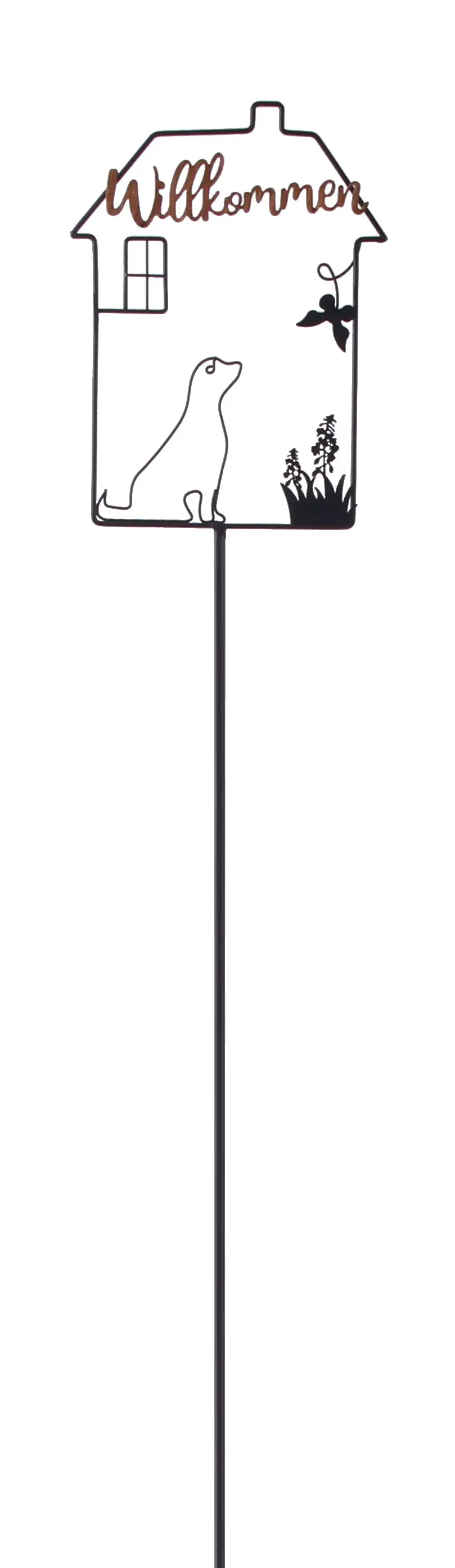 TrendLine Gartenstecker Haus Willkommen Hund Metall 115 x 18 cm schwarz