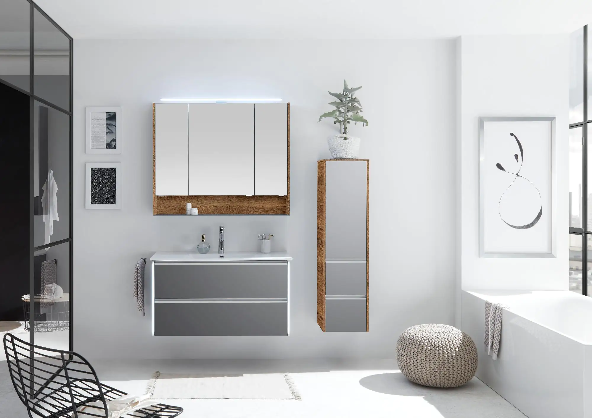 Pelipal Badmöbel-Set 6040 Stahlgrau/Eiche Ribbeck mit Keramik-Waschtisch + Midischrank 134 cm