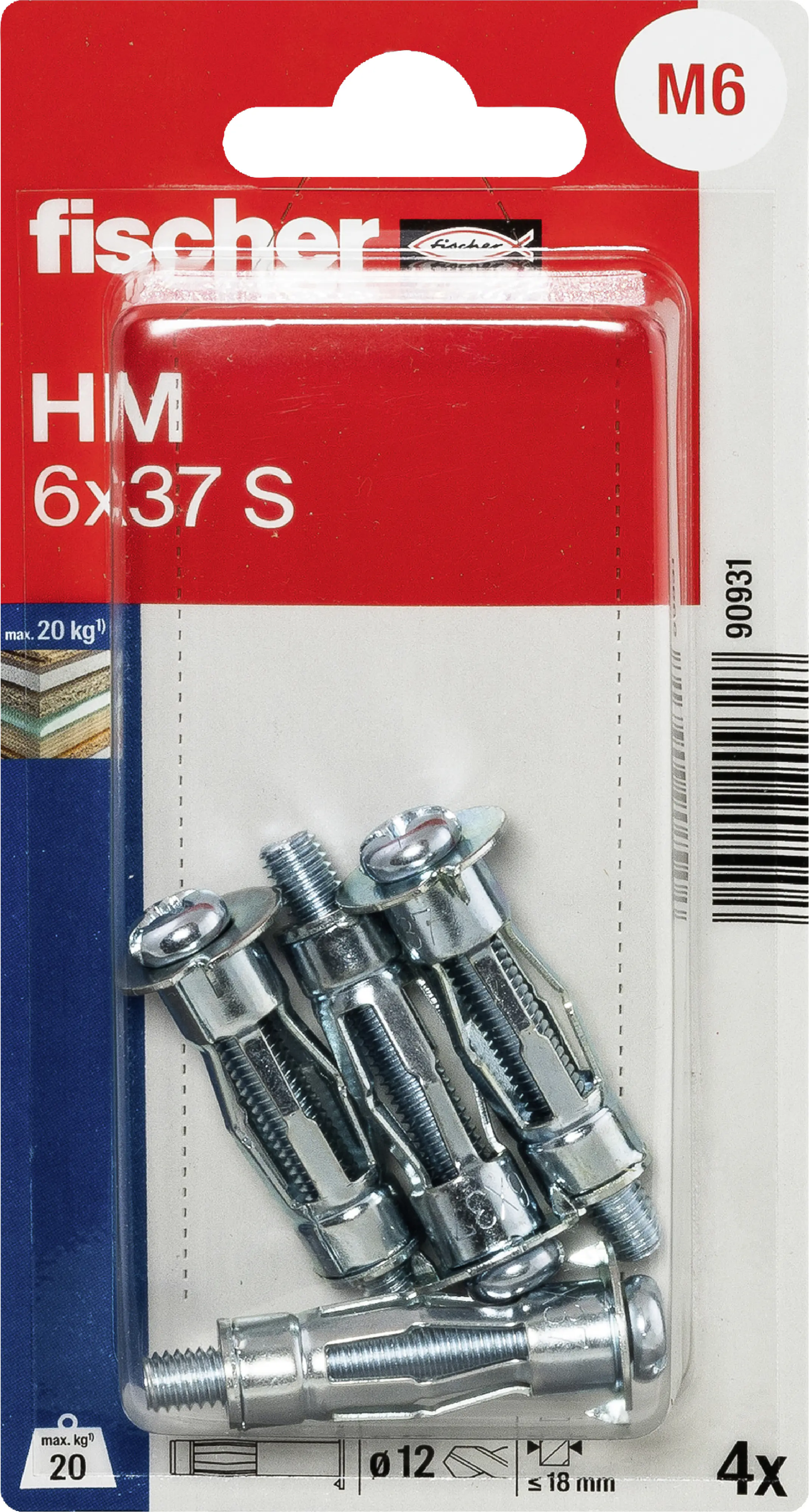 Fischer Hohlraum-Metalldübel HM 6 x 37 mm mit metrischer Schraube - 4 Stück