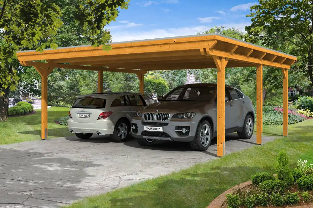 SKAN HOLZ Carport Emsland 613 x 604 cm mit Aluminiumdach, lasiert in Eiche hell