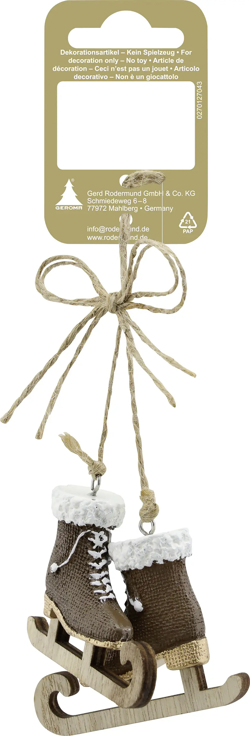 Weihnachtsanhänger Schlittschuh aus Kunststoff 6,5 x 4,7 cm braun - 2 Stück