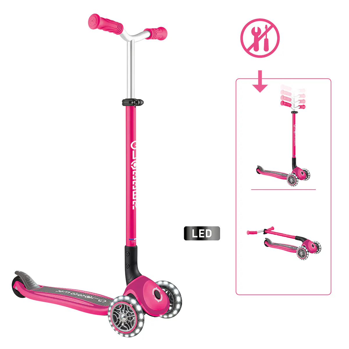 Globber Scooter für Kinder Master mit Leuchtrollen Lights pink/schwarz