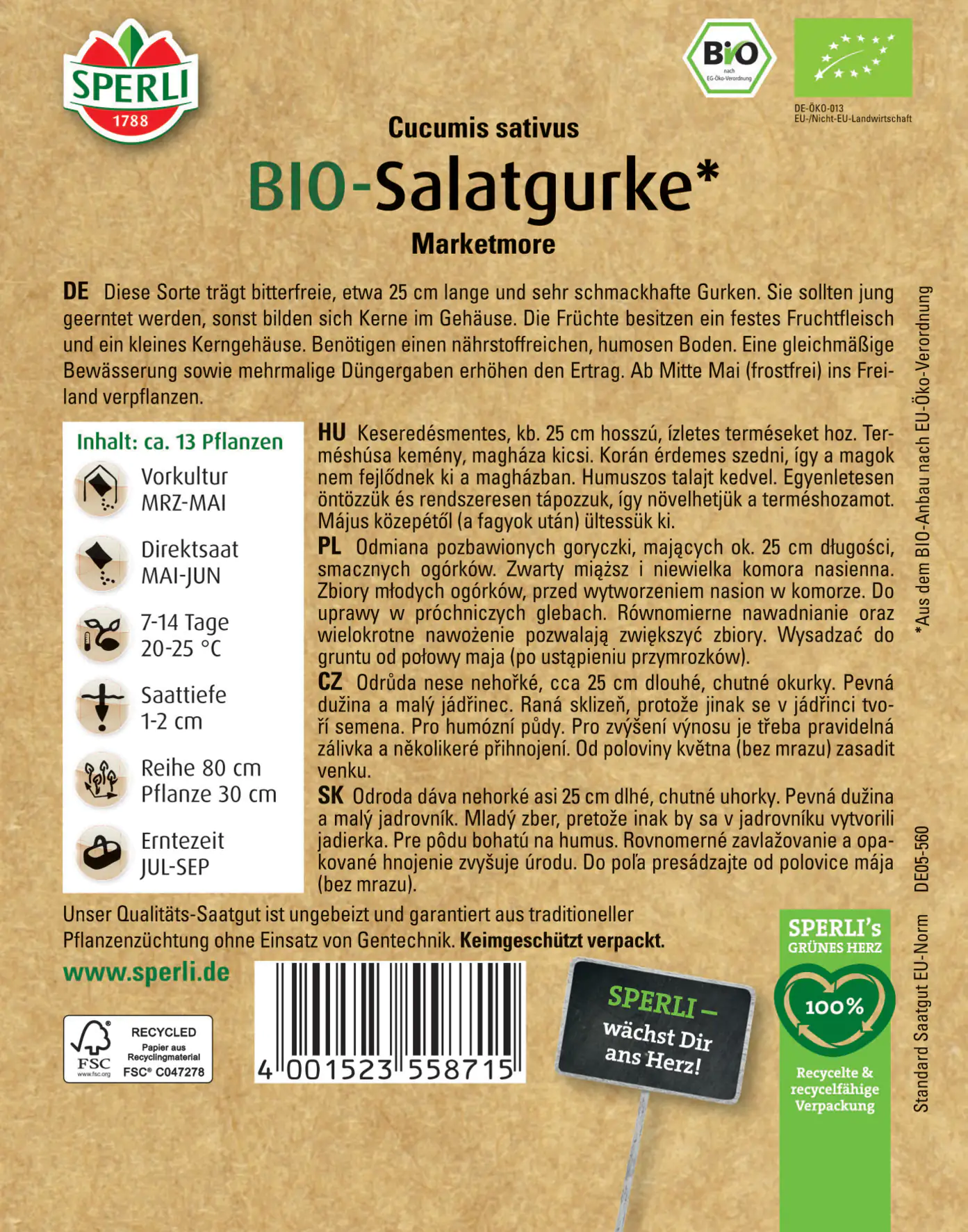 Sperli BIO Salatgurke Marketmore