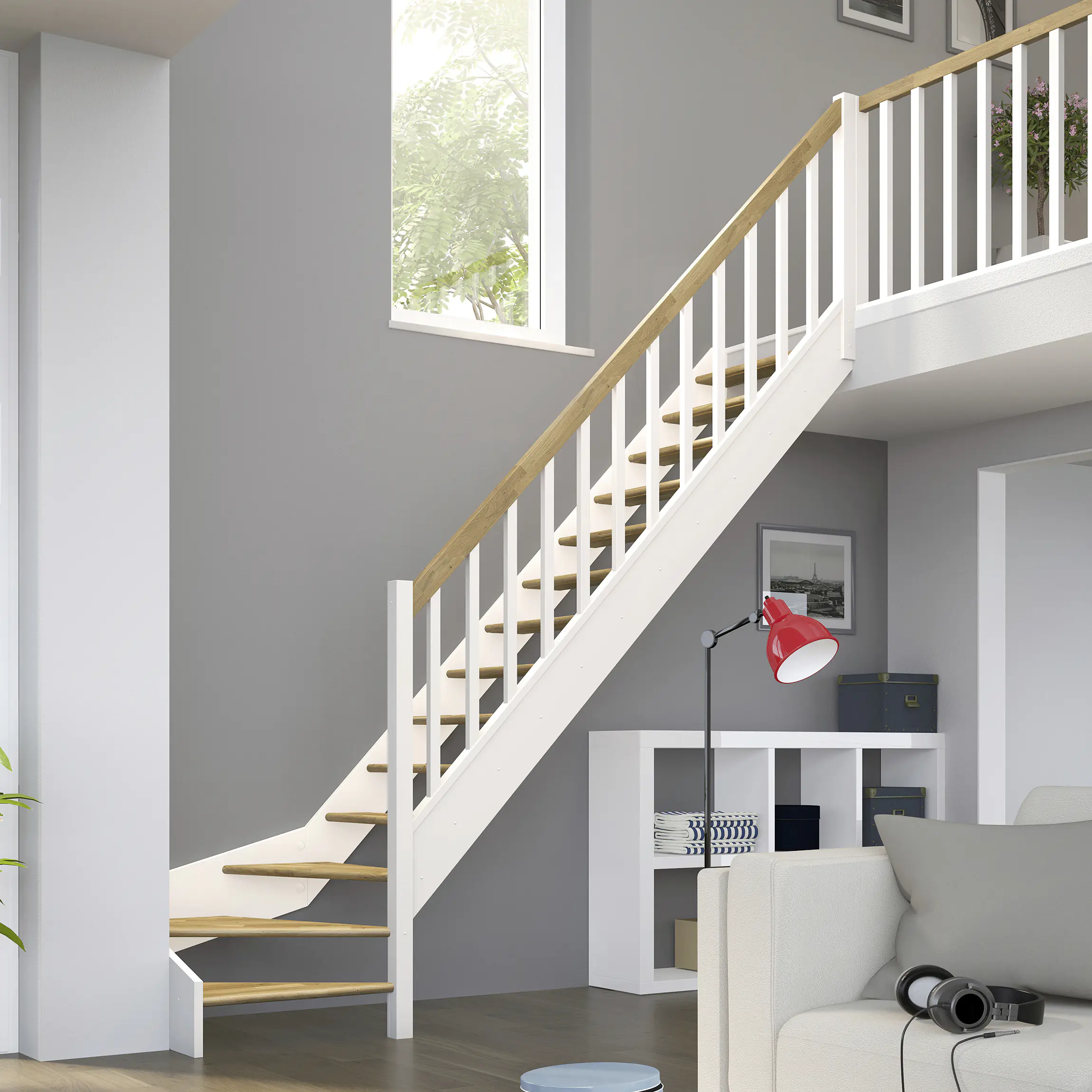 Dolle Raumspartreppen Paris 1/4-gew. Eiche weiß inkl. Geländer