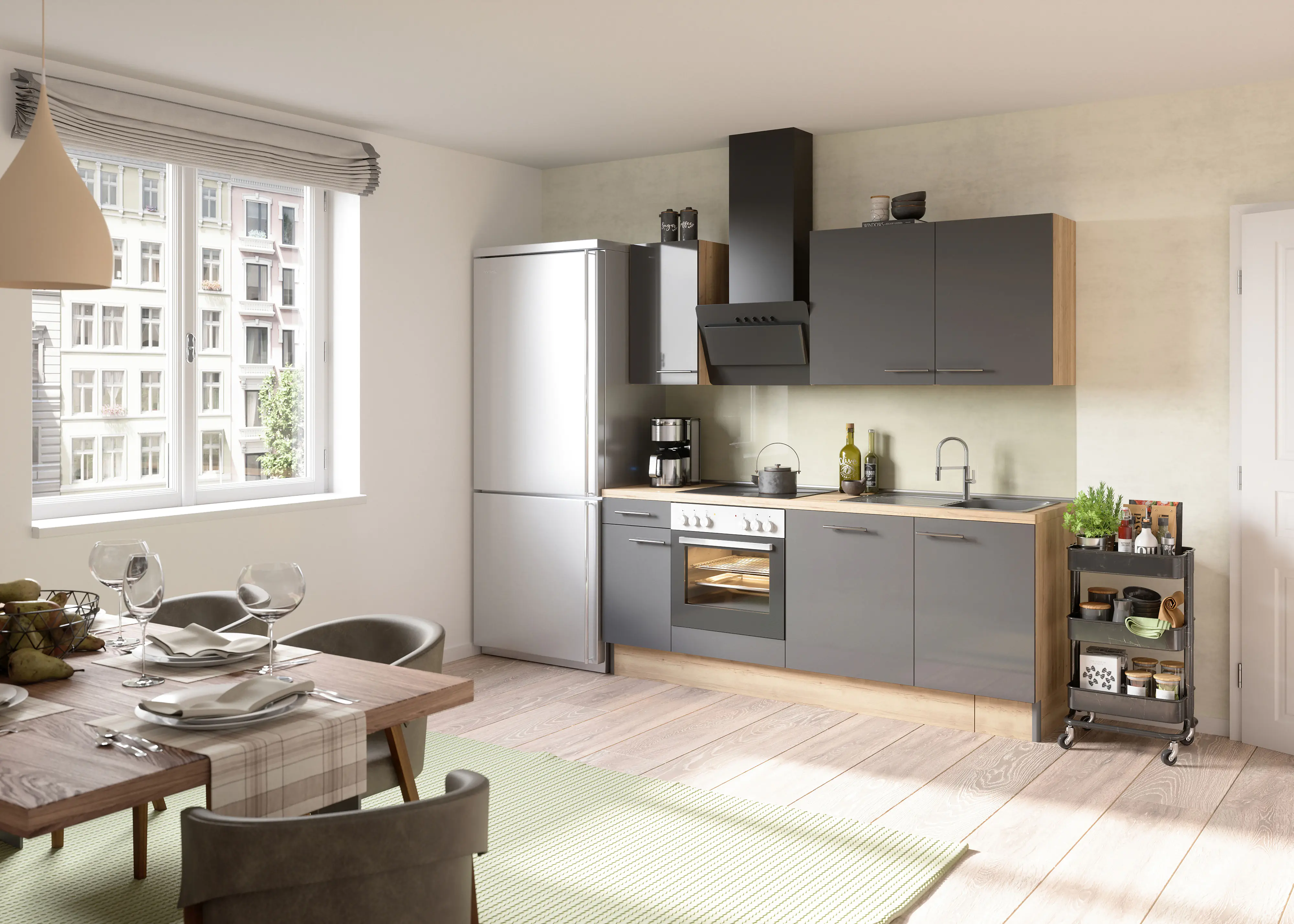 Optifit Küchenzeile Jonte mit E-Geräte ohne Kühlschrank anthrazit 210 cm