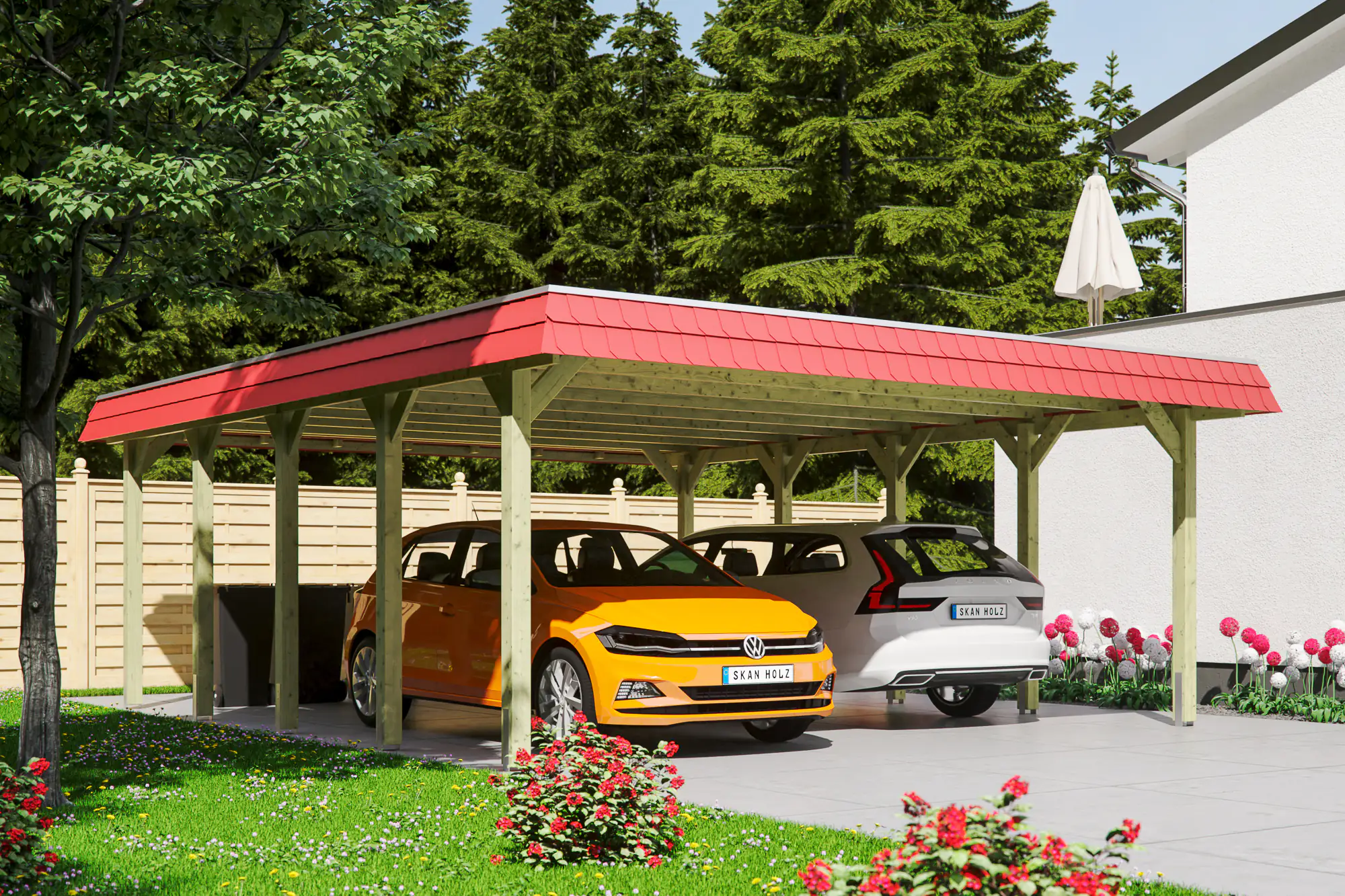 SKAN HOLZ Carport Spreewald 585 x 741 cm mit EPDM-Dach, rote Blende